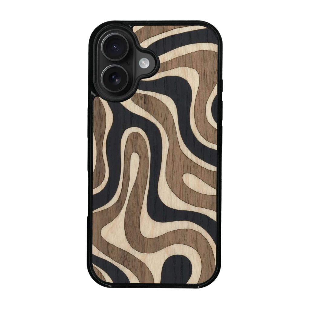Coque de protection en bois véritable fabriquée en France pour iPhone 16 Plus alliant plusieurs essences de bois pour représenter une ondulation