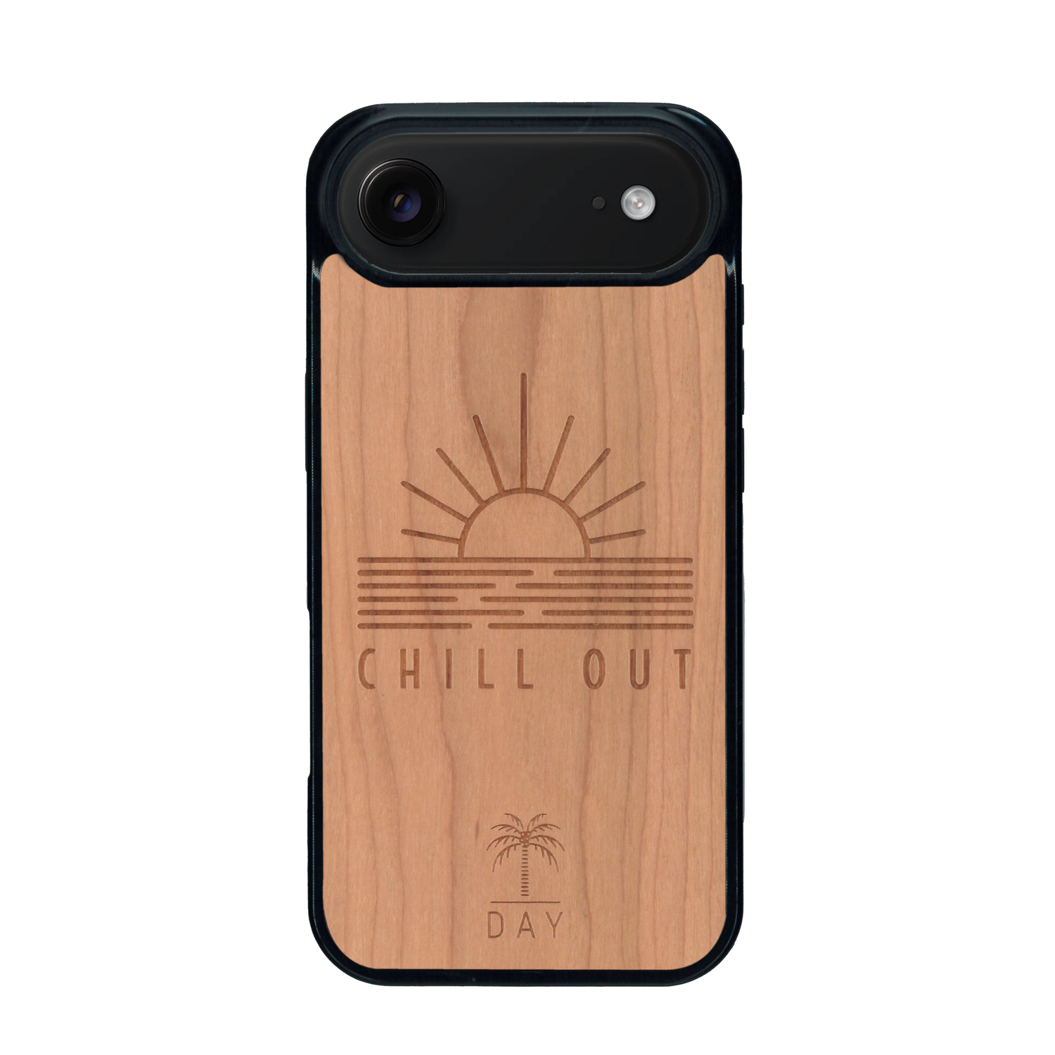 Coque de protection en bois véritable fabriquée en France pour iPhone 17 Air sur le thème chill avec un motif représentant un couché de soleil sur l'océan et la phrase "Chill out"