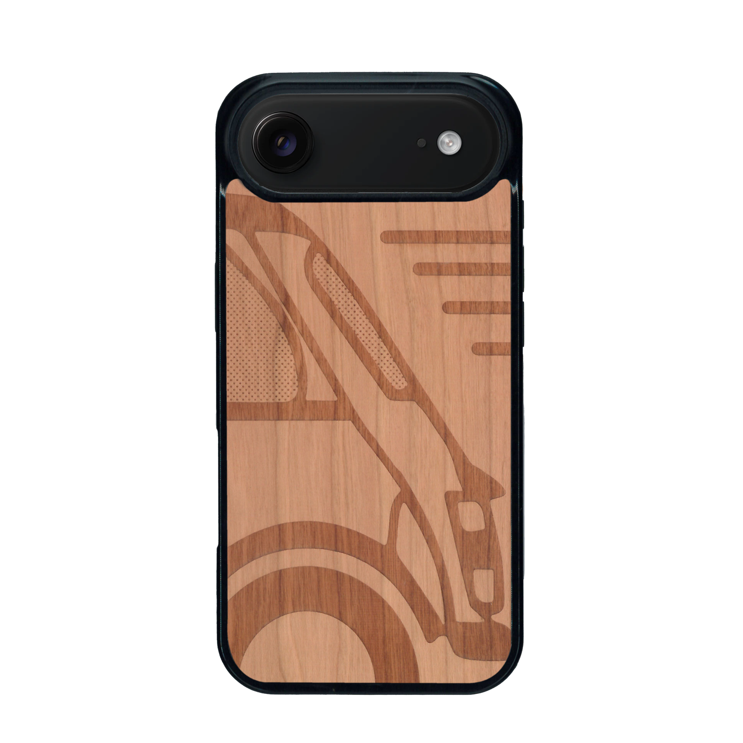 Coque de protection en bois véritable fabriquée en France pour iPhone 17 Air sur le thème de l'automobile avec une authentique Mini Cooper