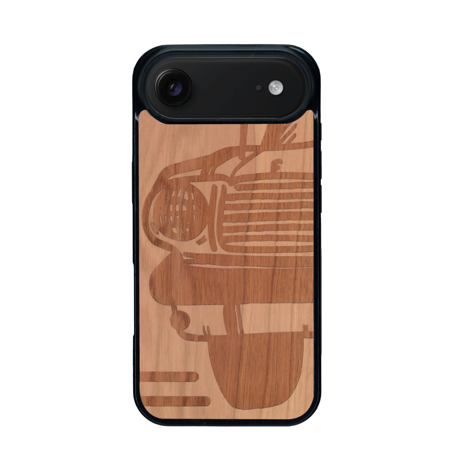 Coque de protection en bois véritable fabriquée en France pour iPhone 17 Air sur le thème de l'automobile avec une authentique Mustang