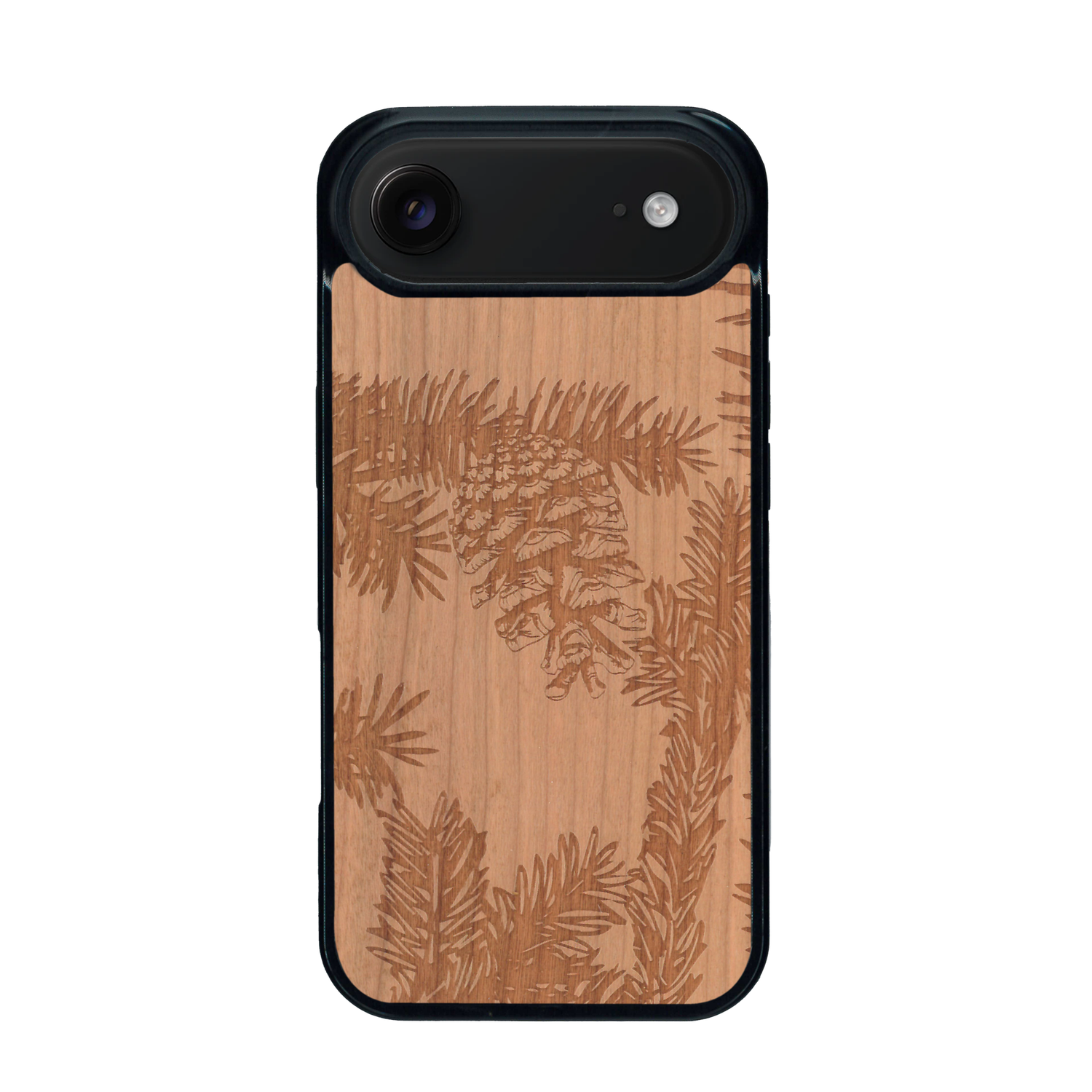 Coque de protection en bois véritable fabriquée en France pour iPhone 17 Air sur le thème de la nature des arbres avec un motif de gravure représentant des épines de sapin et des pommes de pin