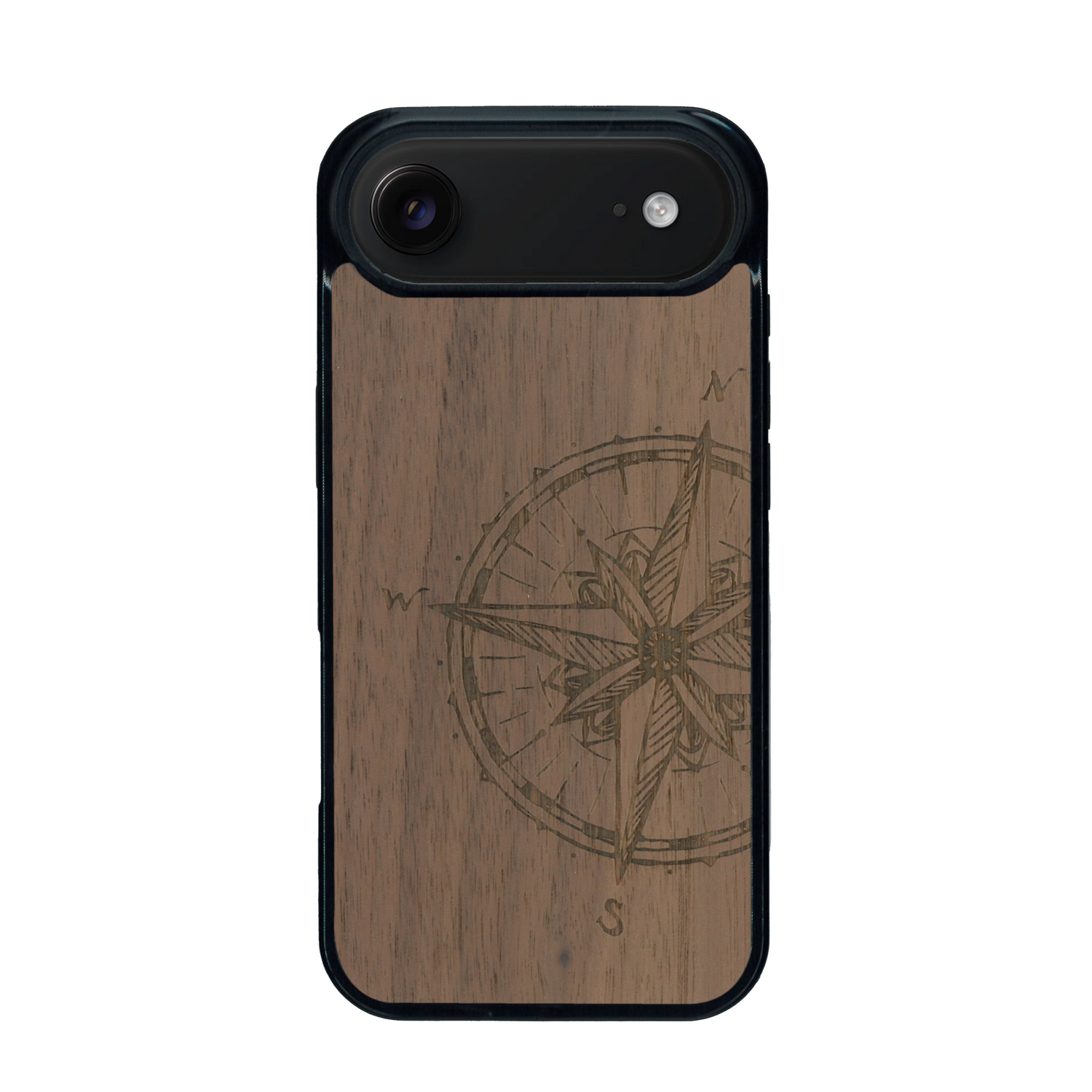 Coque de protection en bois véritable fabriquée en France pour iPhone 17 Air avec une gravure "rose des vents" sur le thème nautique et de l'océan qui s'inspire des boussoles de pirate
