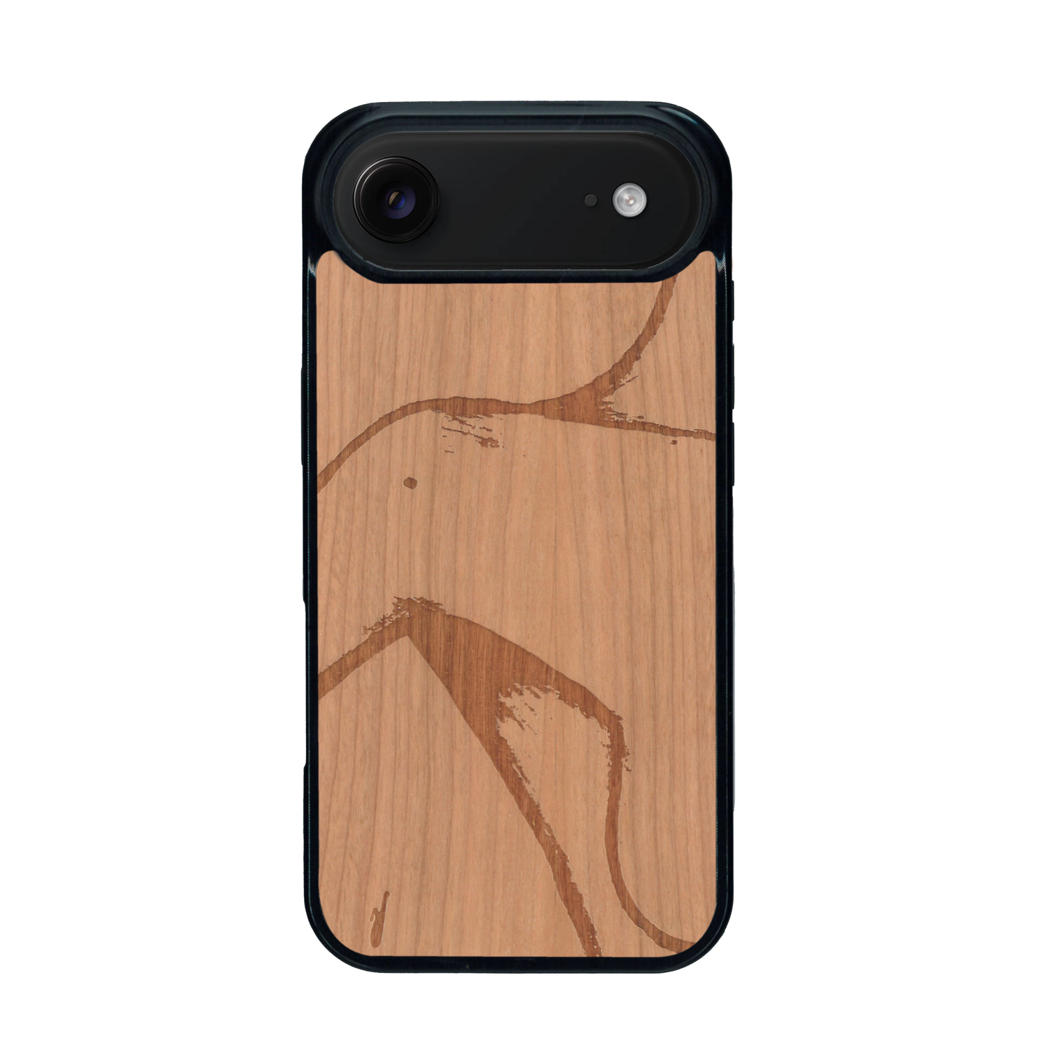 Coque de protection en bois véritable fabriquée en France pour iPhone 17 Air représentant une silhouette féminine dessinée à la main par l'artiste Maud Dabs
