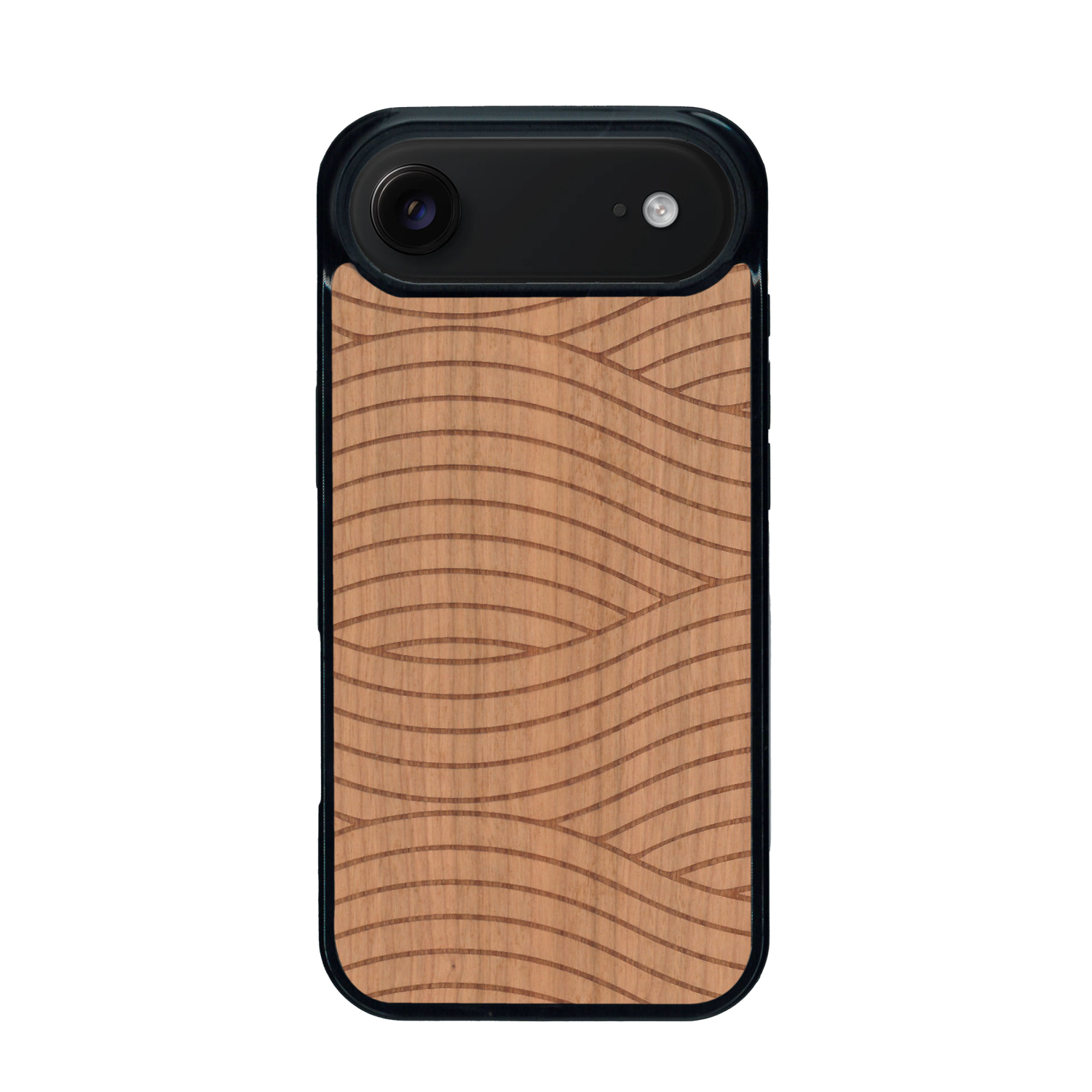 Coque de protection en bois véritable fabriquée en France pour iPhone 17 Air avec un motif moderne et minimaliste sur le thème waves et wavy représentant les vagues de l'océan