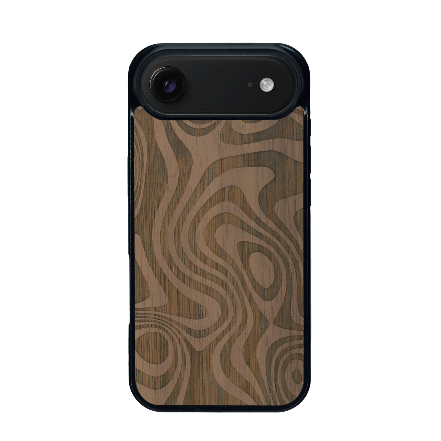 Coque de protection en bois véritable fabriquée en France pour iPhone 17 Air avec un motif abstrait représentant les mouvements de l'eau