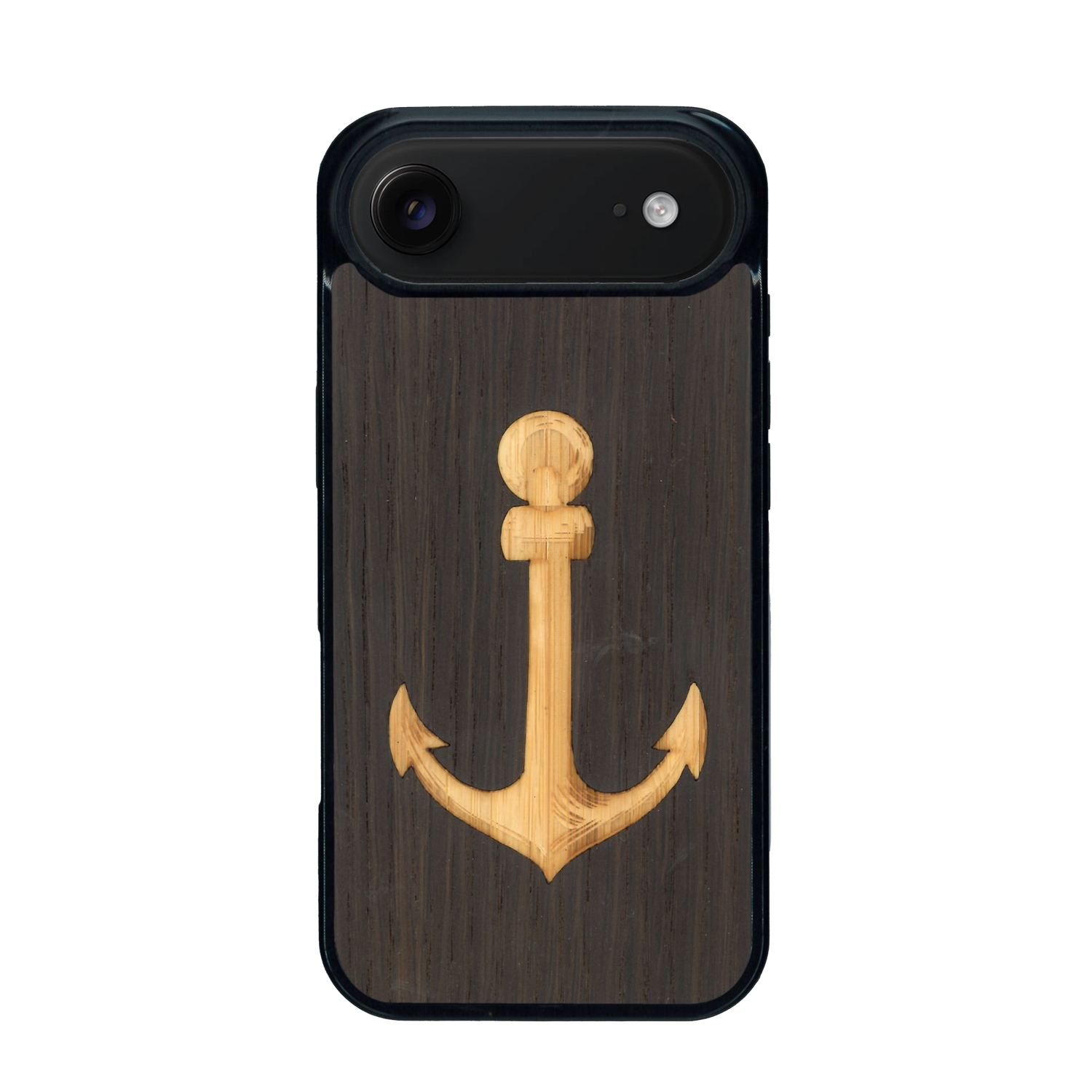 Coque de protection en bois véritable fabriquée en France pour iPhone 17 Air sur le thème nautique avec un bois clair et un bois foncé représentant une ancre de bateau