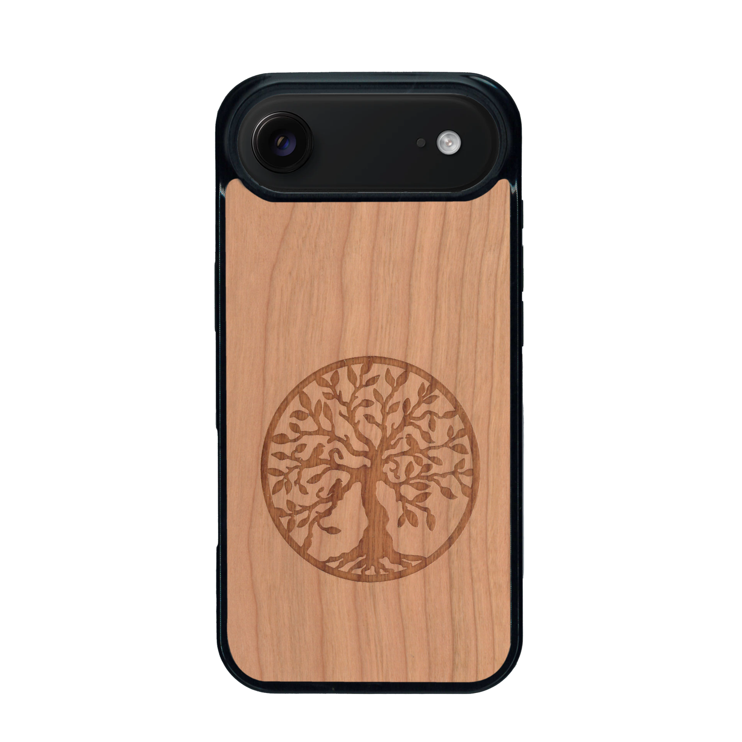 Coque de protection en bois véritable fabriquée en France pour iPhone 17 Air sur le thème de la spiritualité et du yoga avec une gravure zen représentant un arbre de vie