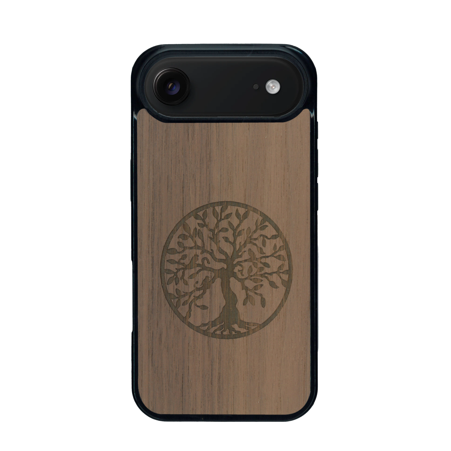 Coque de protection en bois véritable fabriquée en France pour iPhone 17 Air sur le thème de la spiritualité et du yoga avec une gravure zen représentant un arbre de vie