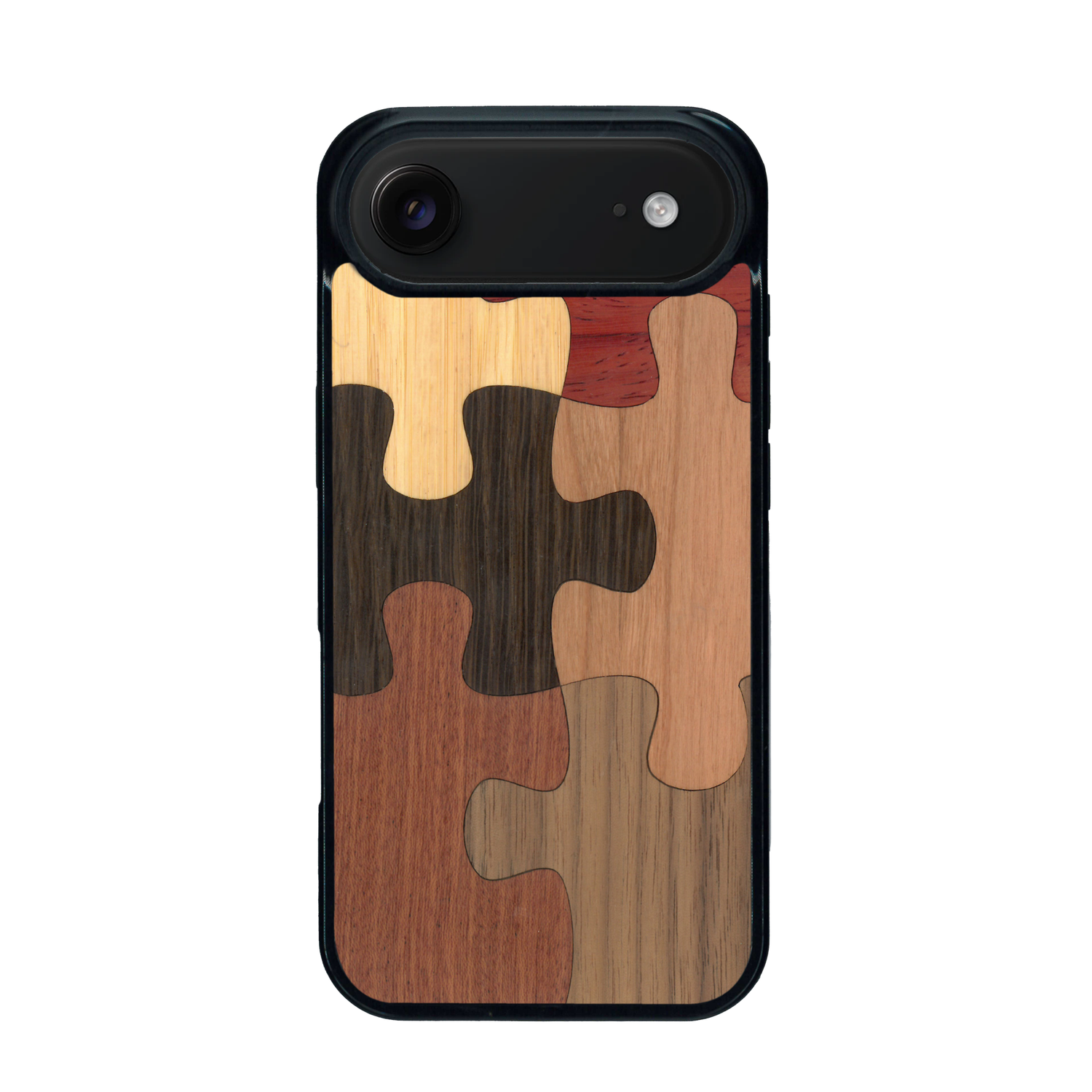Coque de protection en bois véritable fabriquée en France pour iPhone 17 Air représentant un puzzle en six pièces qui allie du chêne fumé, du noyer, du bambou, du padouk, du merisier et de l'acajou