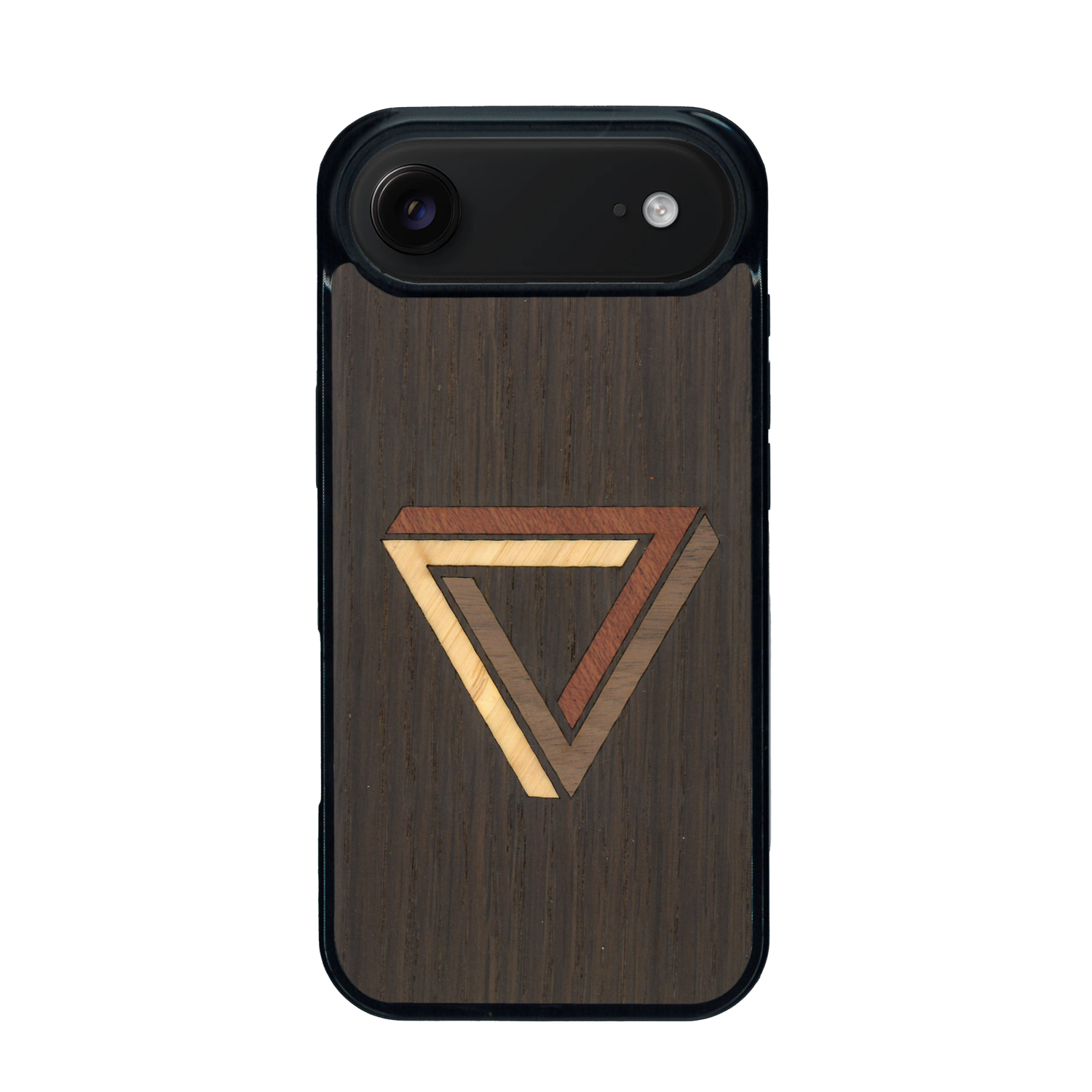 Coque de protection en bois véritable fabriquée en France pour iPhone 17 Air sur le thème de l'art géométrique qui allie du chêne fumé, du noyer, du bambou et du padouk représentant le triangle de penrose