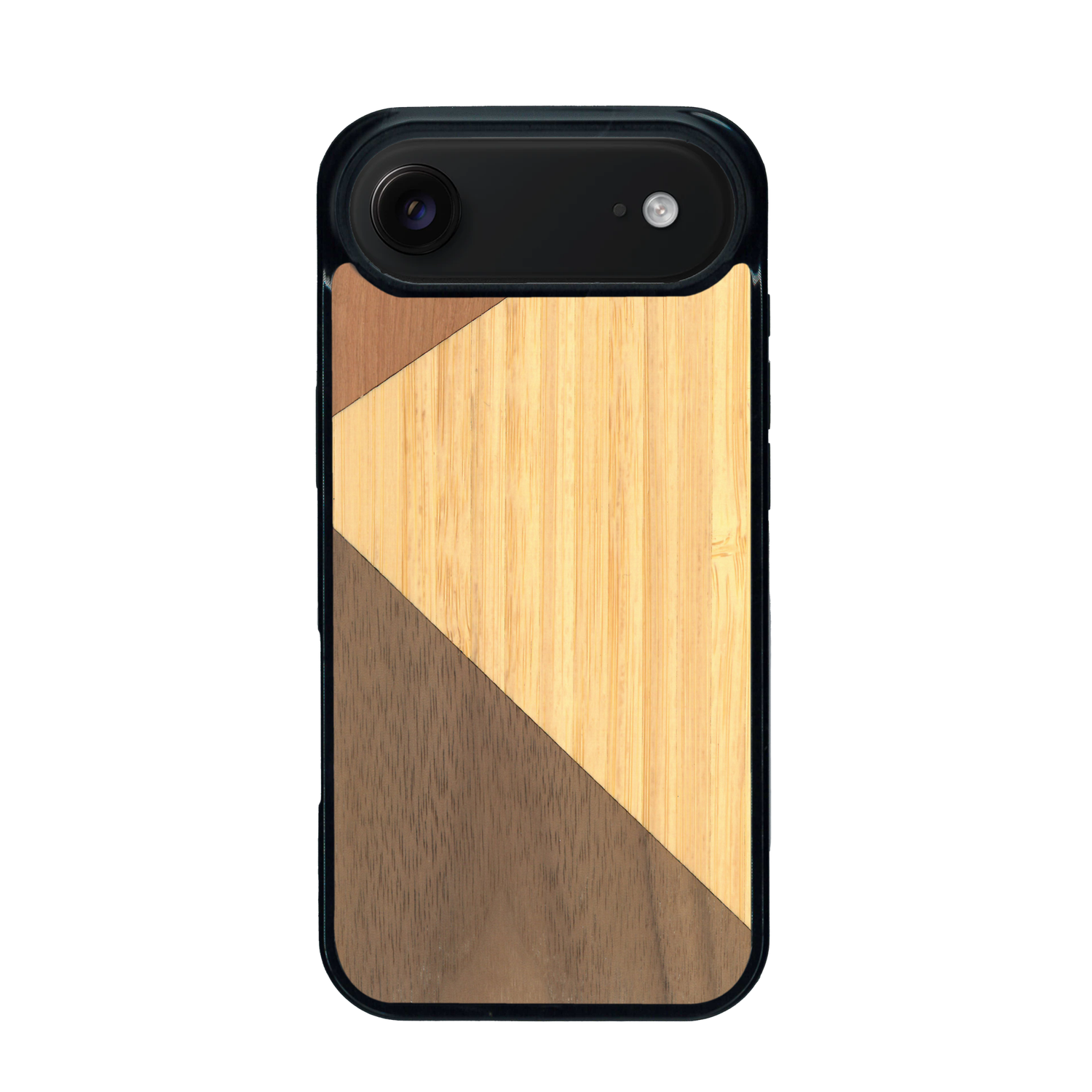 Coque de protection en bois véritable fabriquée en France pour iPhone 17 Air alliant du merisier, du noyer et du bambou formant chacun deux triangles et un trapèze avec deux jointures en diagonale sur le thème de l'art abstrait