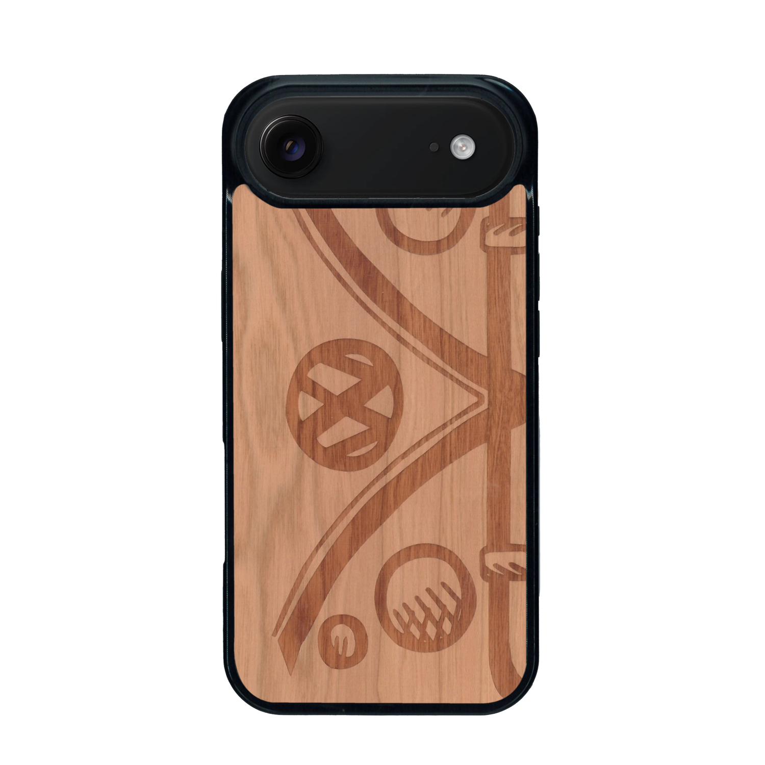Coque de protection en bois véritable fabriquée en France pour iPhone 17 Air sur le thème de l'automobile avec un van combi