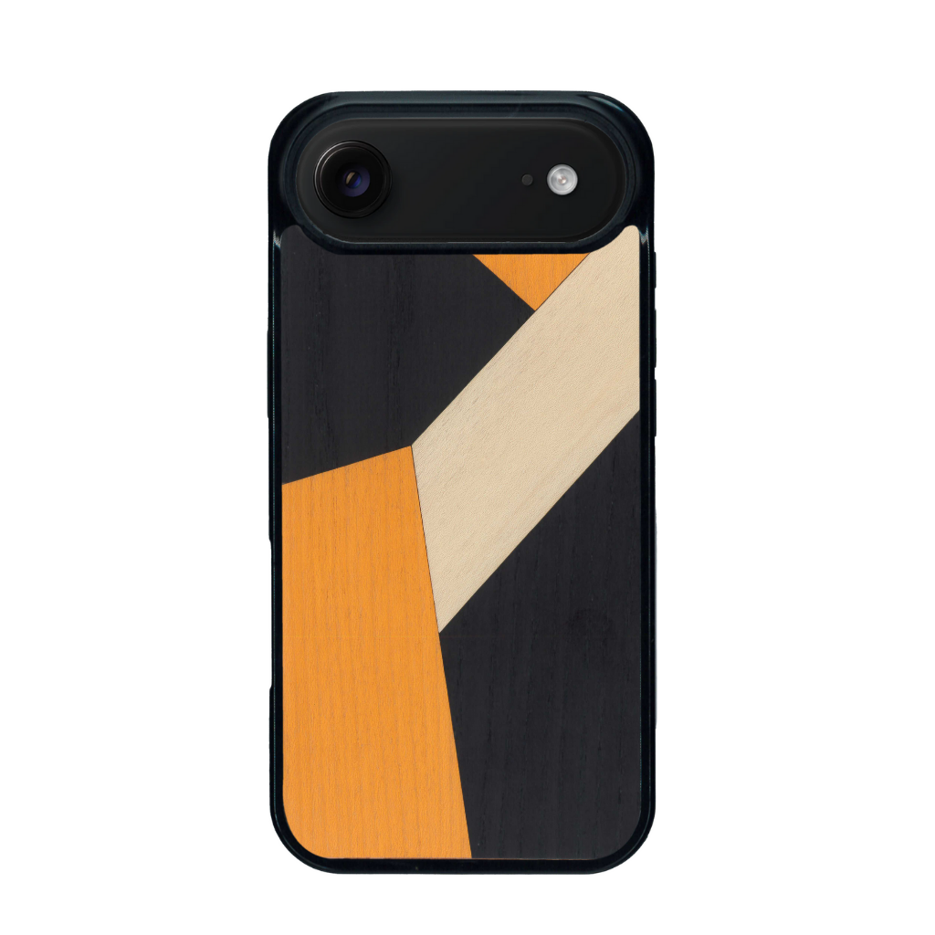 Coque de protection en bois véritable fabriquée en France pour iPhone 17 Air alliant du bambou, du tulipier orange et noir en forme de mosaïque minimaliste sur le thème de l'art abstrait