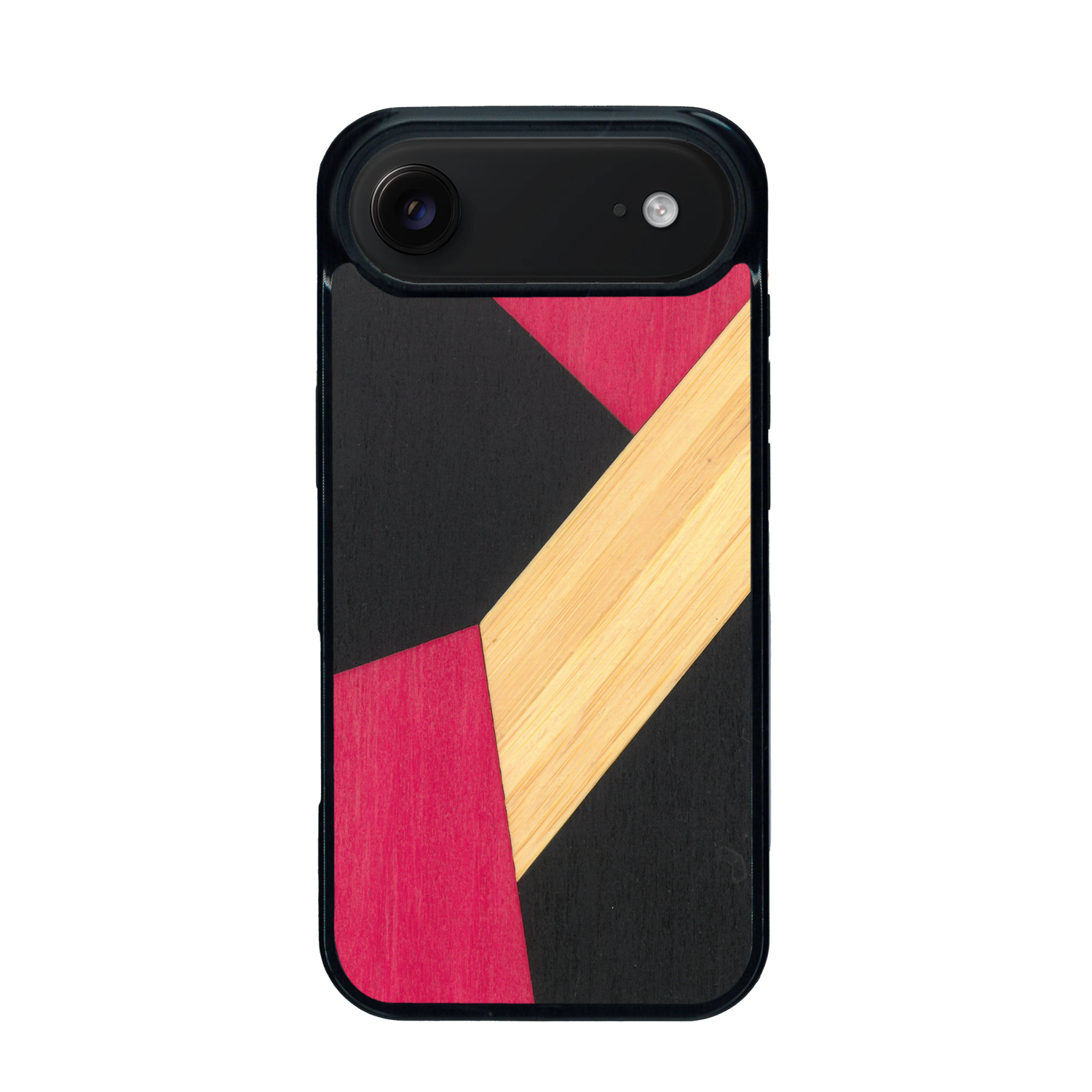 Coque de protection en bois véritable fabriquée en France pour iPhone 17 Air alliant du bambou, du tulipier rose et noir en forme de mosaïque minimaliste sur le thème de l'art abstrait