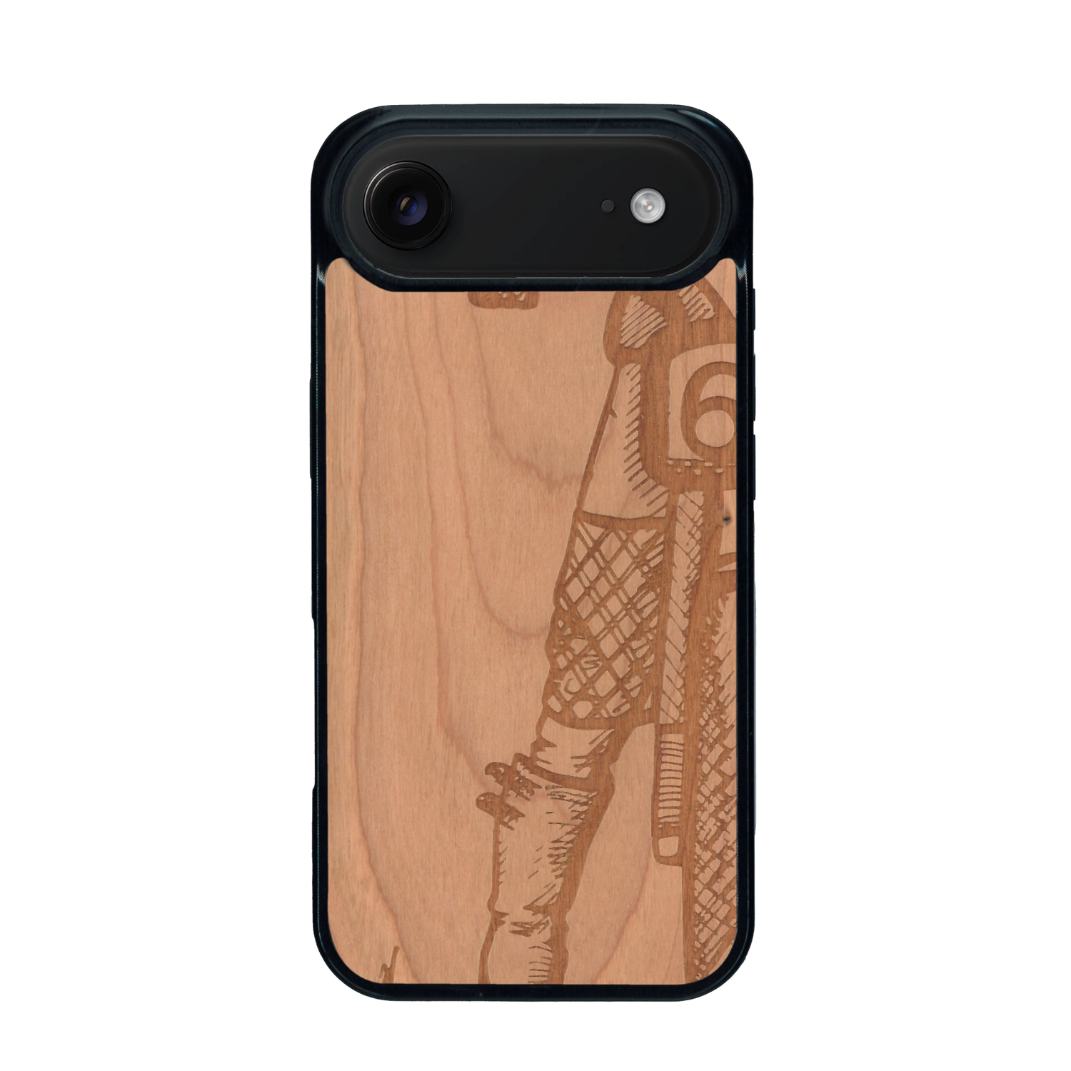 Coque de protection en bois véritable fabriquée en France pour iPhone 17 Air représentant une vue de face d'une femme sur une moto vintage dessinée à la main par l'artiste Maud Dabs