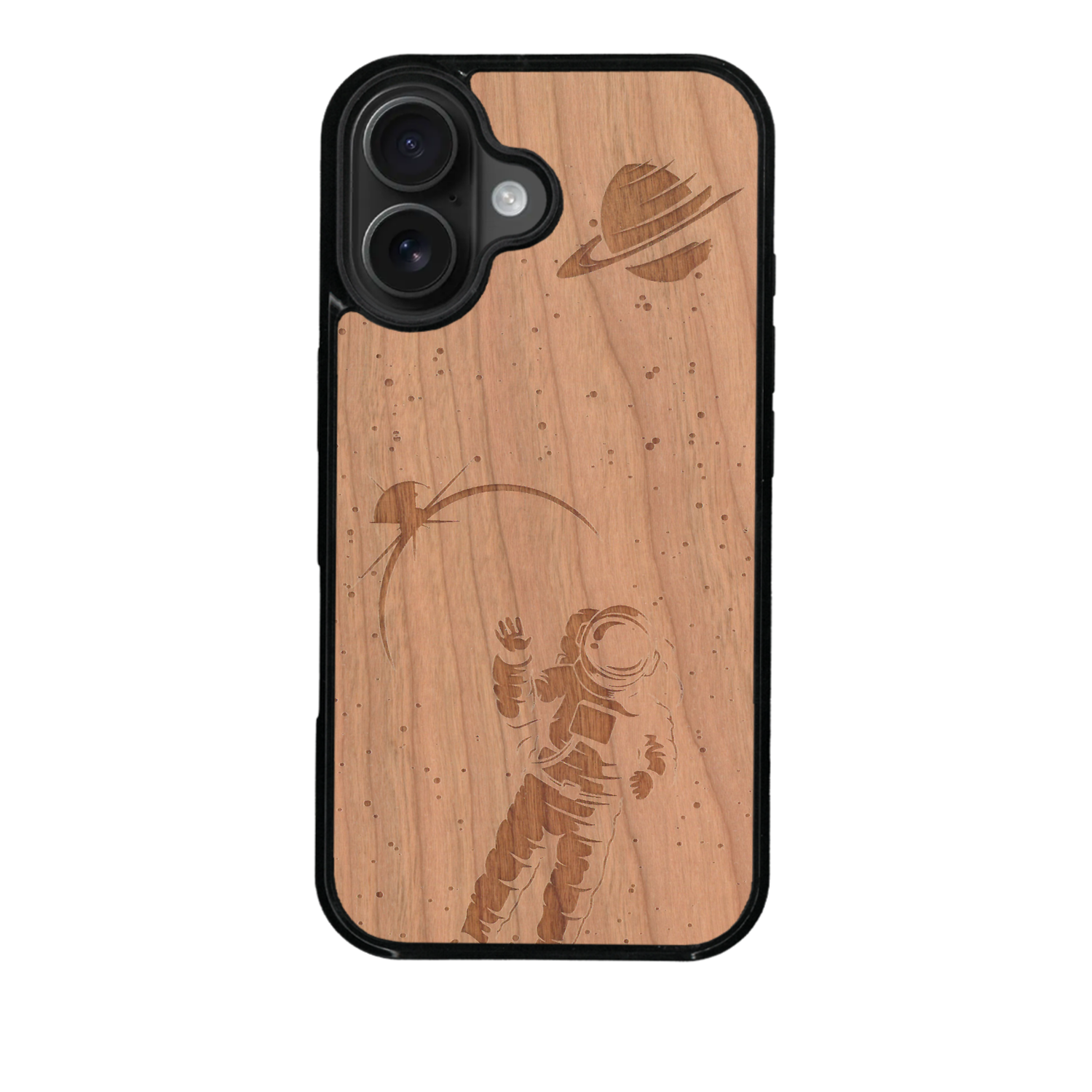 Coque de protection en bois véritable fabriquée en France pour iPhone 17 sur le thème des astronautes