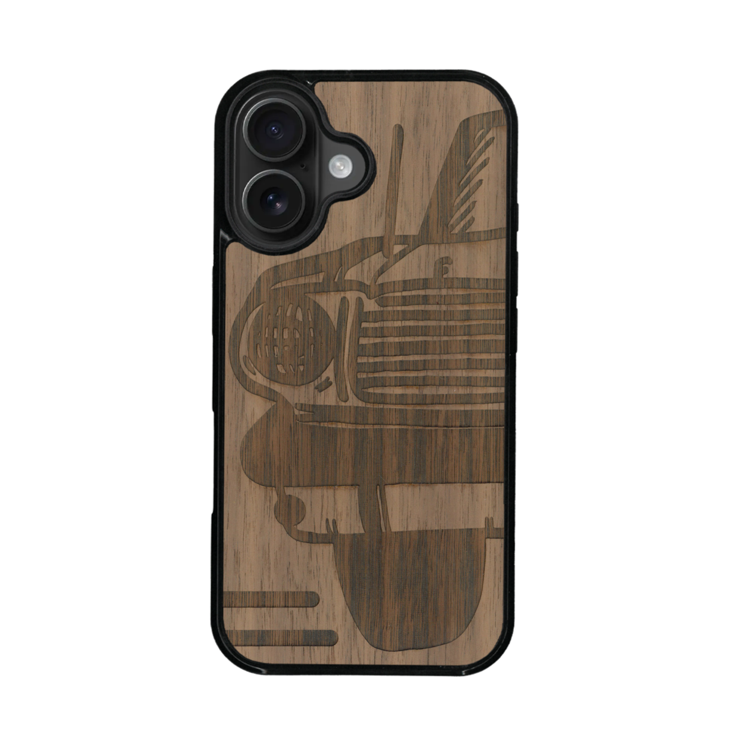 Coque de protection en bois véritable fabriquée en France pour iPhone 17 sur le thème de l'automobile avec une authentique Mustang