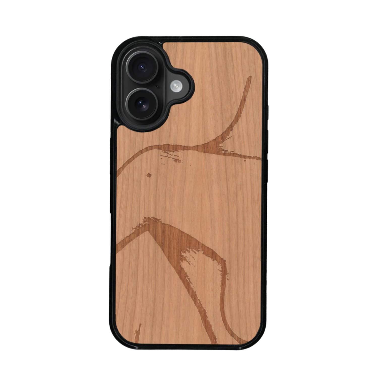 Coque de protection en bois véritable fabriquée en France pour iPhone 17 représentant une silhouette féminine dessinée à la main par l'artiste Maud Dabs