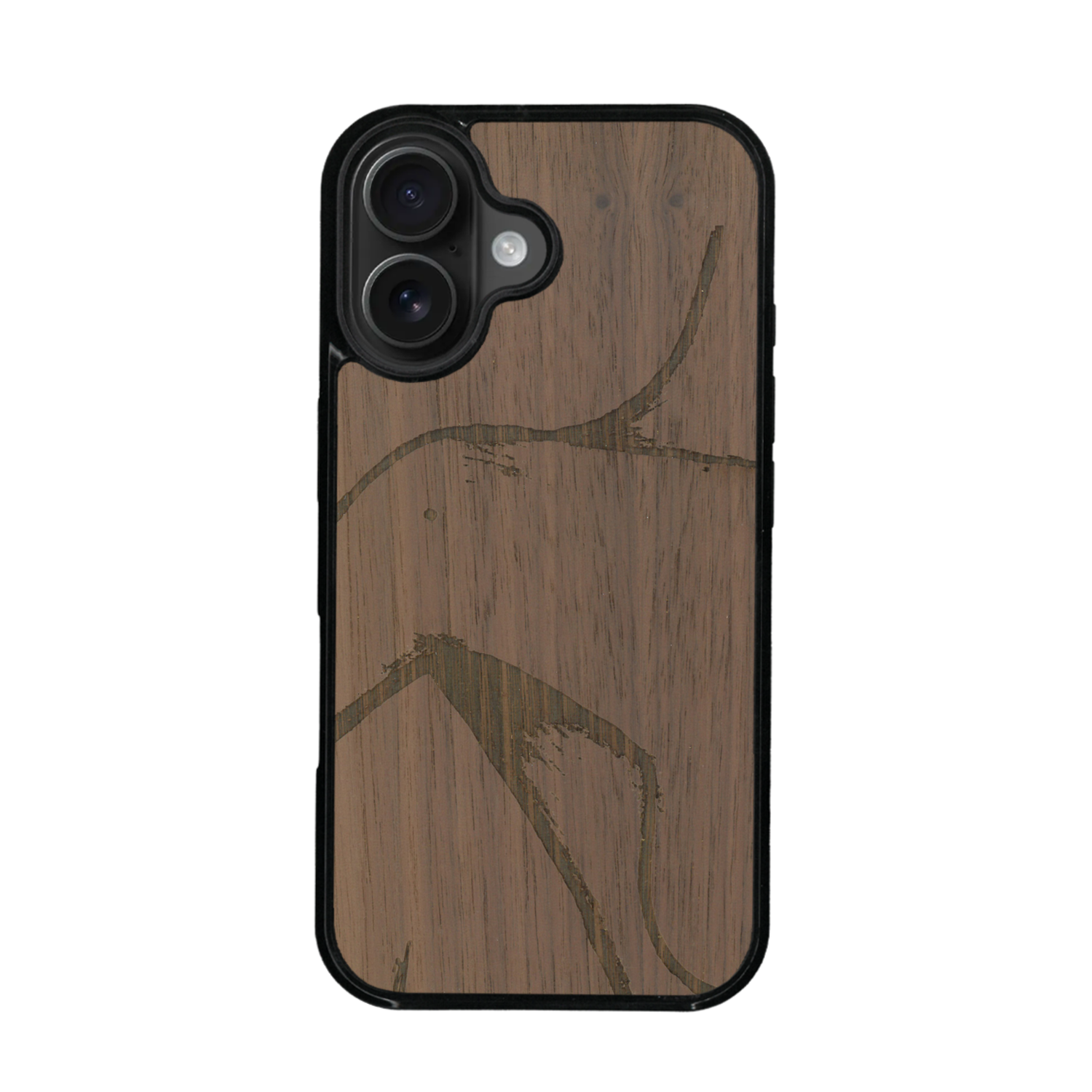 Coque de protection en bois véritable fabriquée en France pour iPhone 17 représentant une silhouette féminine dessinée à la main par l'artiste Maud Dabs