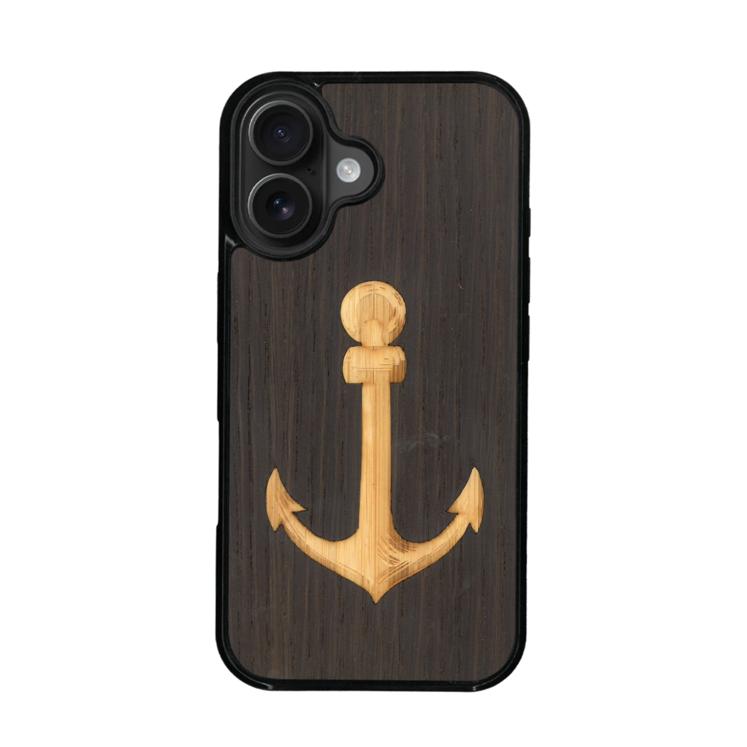 Coque de protection en bois véritable fabriquée en France pour iPhone 17 sur le thème nautique avec un bois clair et un bois foncé représentant une ancre de bateau