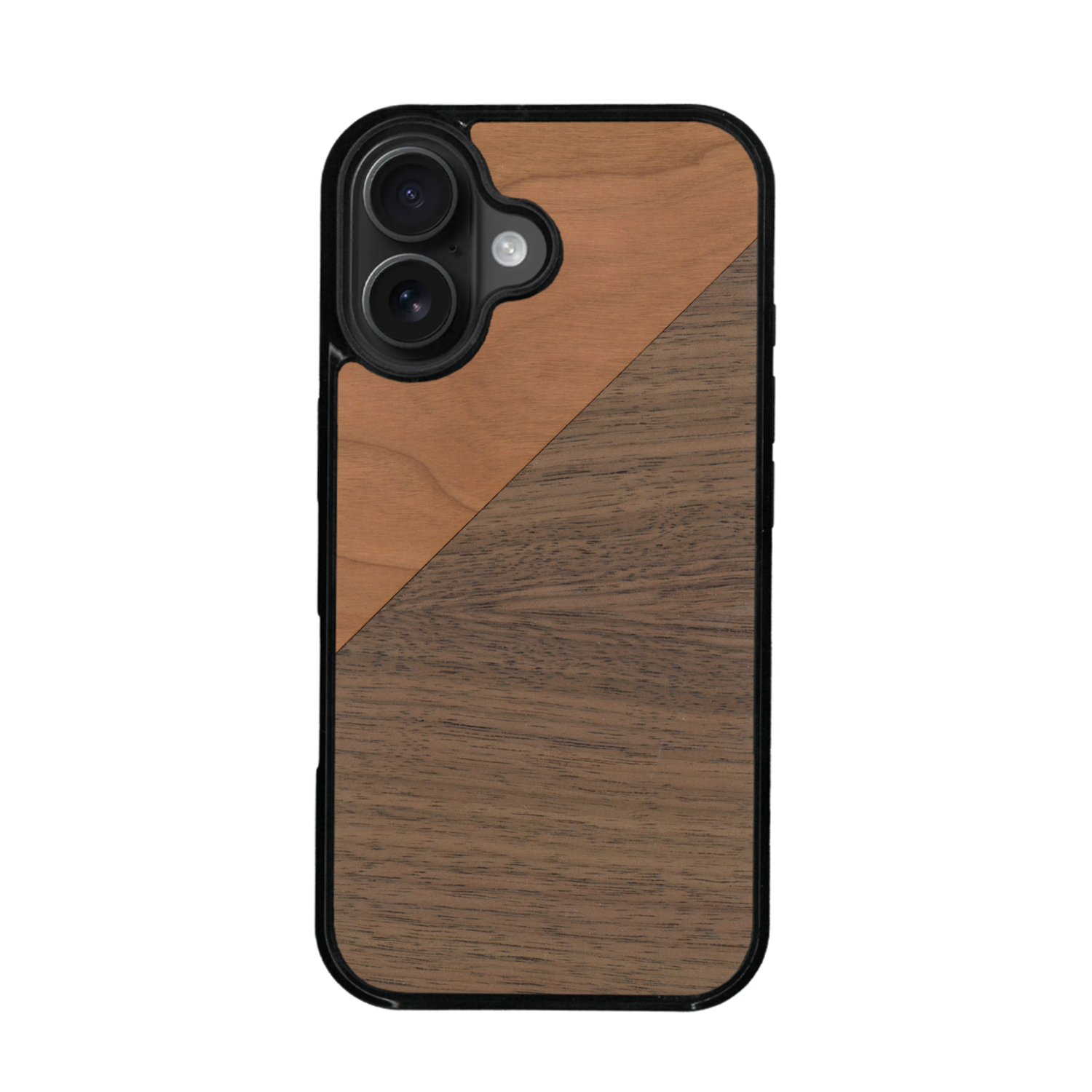 Coque de protection en bois véritable fabriquée en France pour iPhone 17 alliant du merisier et du noyer formant chacun un triangle avec une jointure en diagonale sur le thème de l'art abstrait