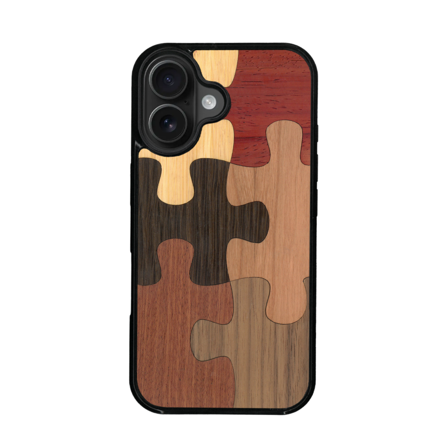 Coque de protection en bois véritable fabriquée en France pour iPhone 17 représentant un puzzle en six pièces qui allie du chêne fumé, du noyer, du bambou, du padouk, du merisier et de l'acajou