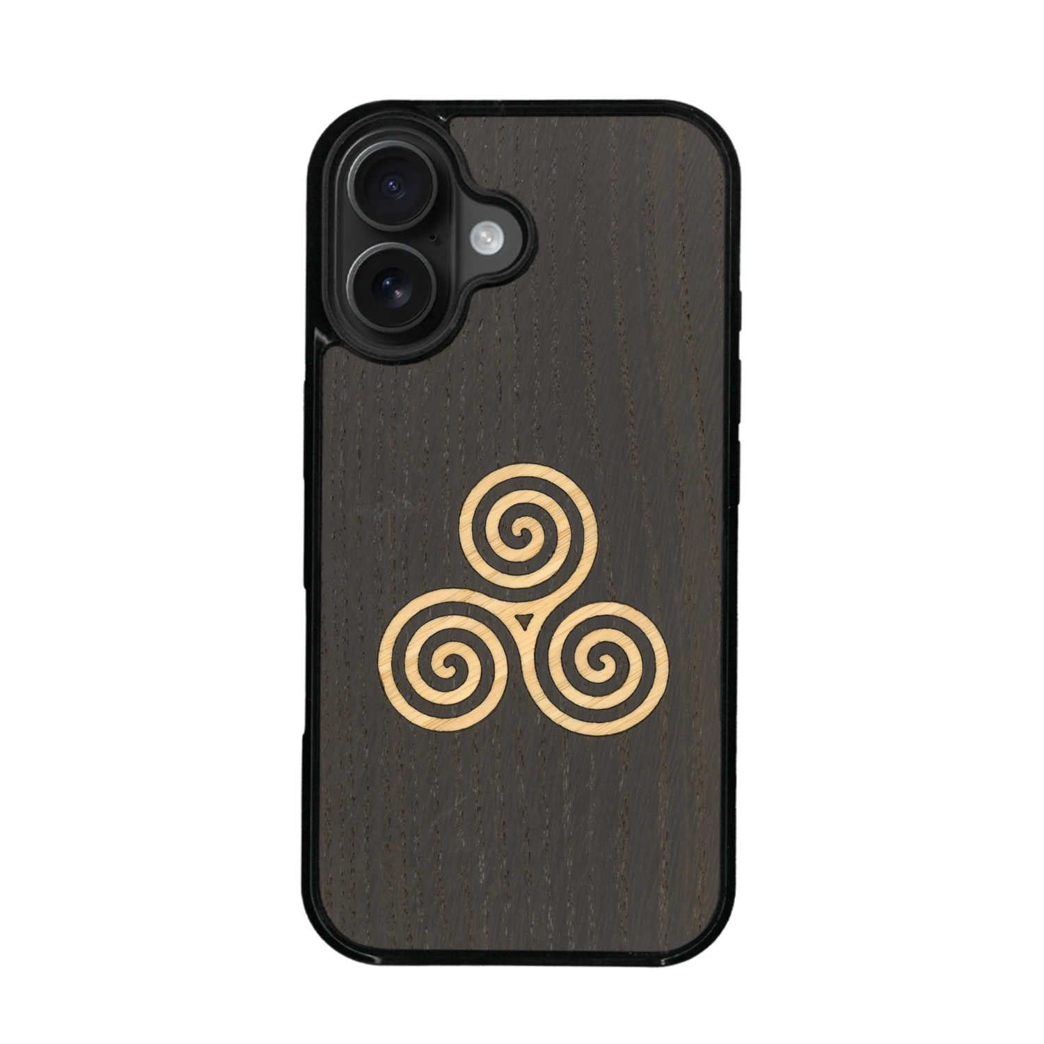 Coque de protection en bois véritable fabriquée en France pour iPhone 17 alliant du chêne fumé et du bambou et doré représentant un triskell