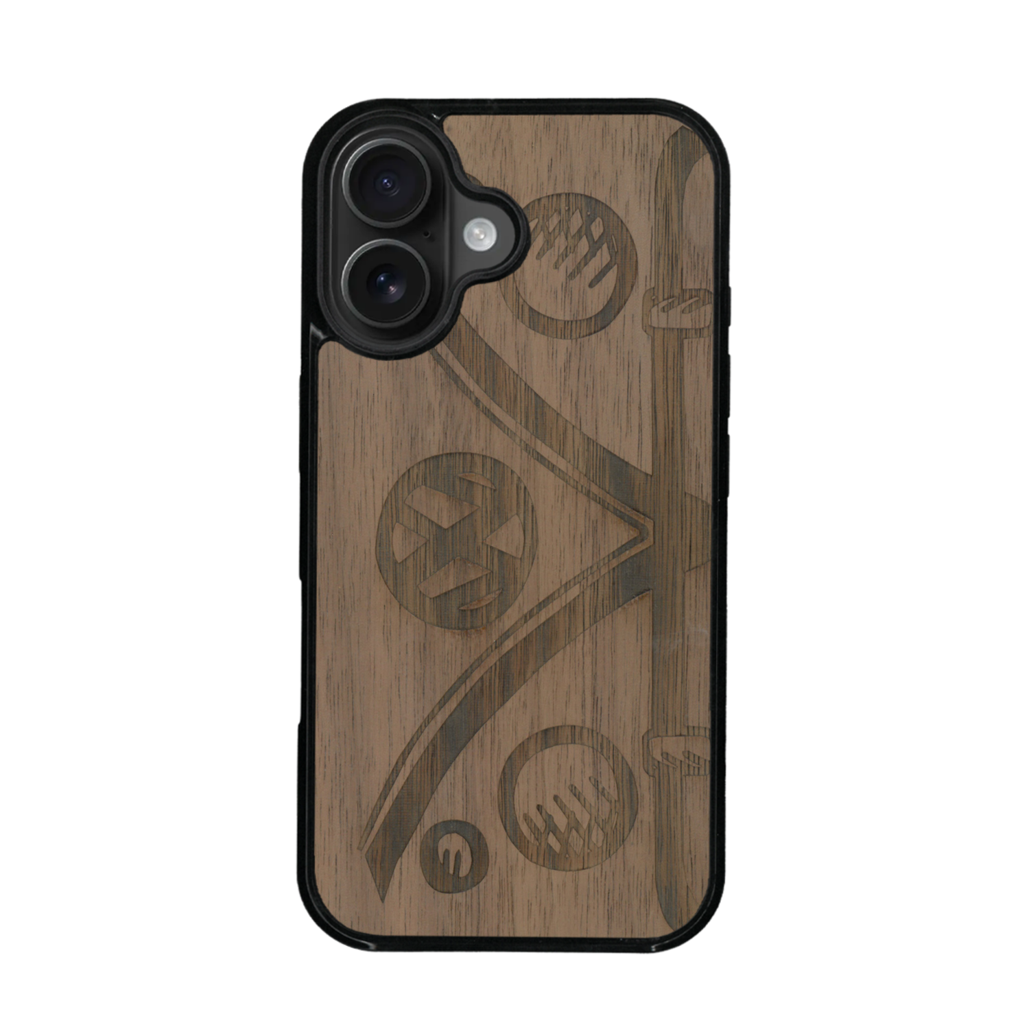 Coque de protection en bois véritable fabriquée en France pour iPhone 17 sur le thème de l'automobile avec un van combi