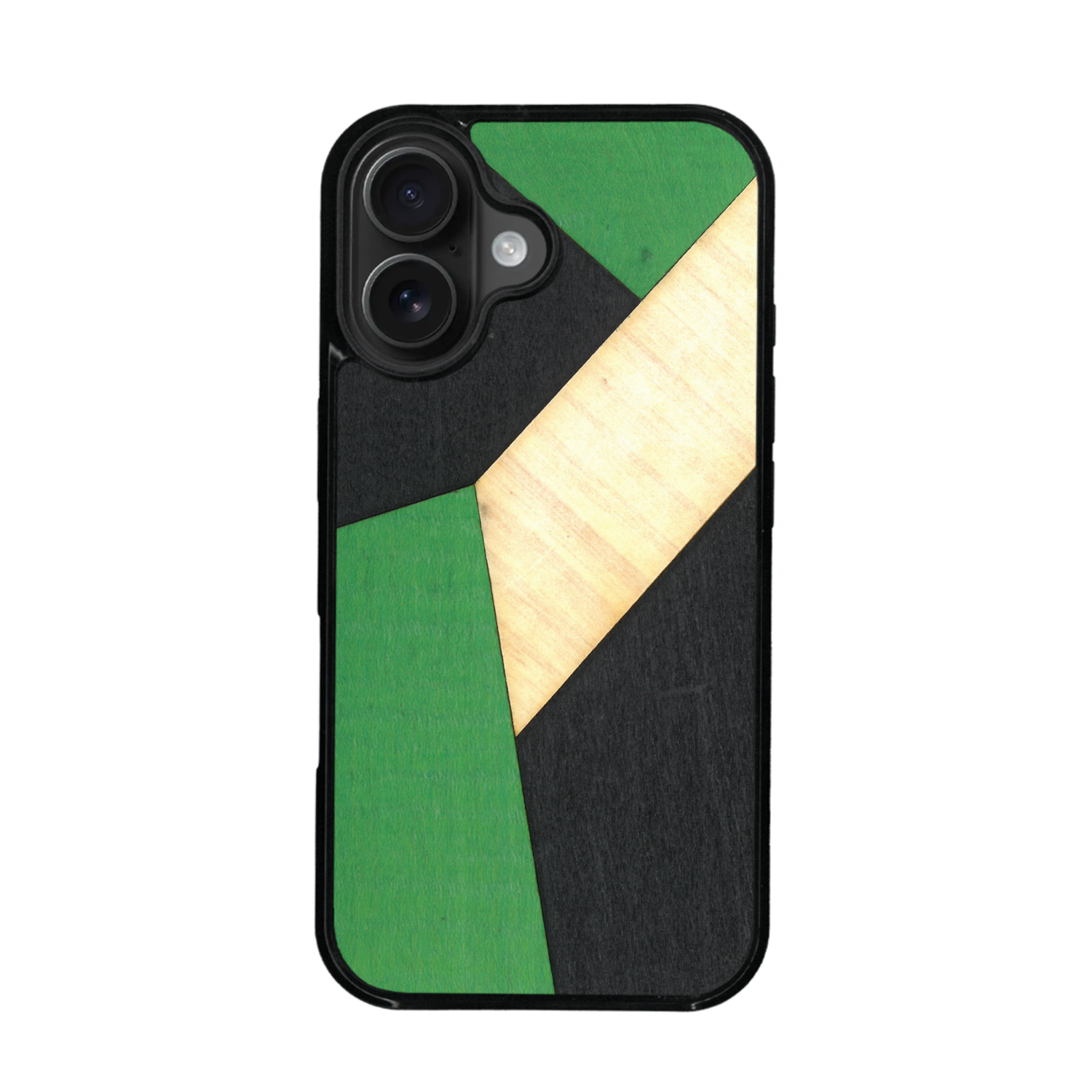Coque de protection en bois véritable fabriquée en France pour iPhone 17 alliant du bambou, du tulipier vert et noir en forme de mosaïque minimaliste sur le thème de l'art abstrait