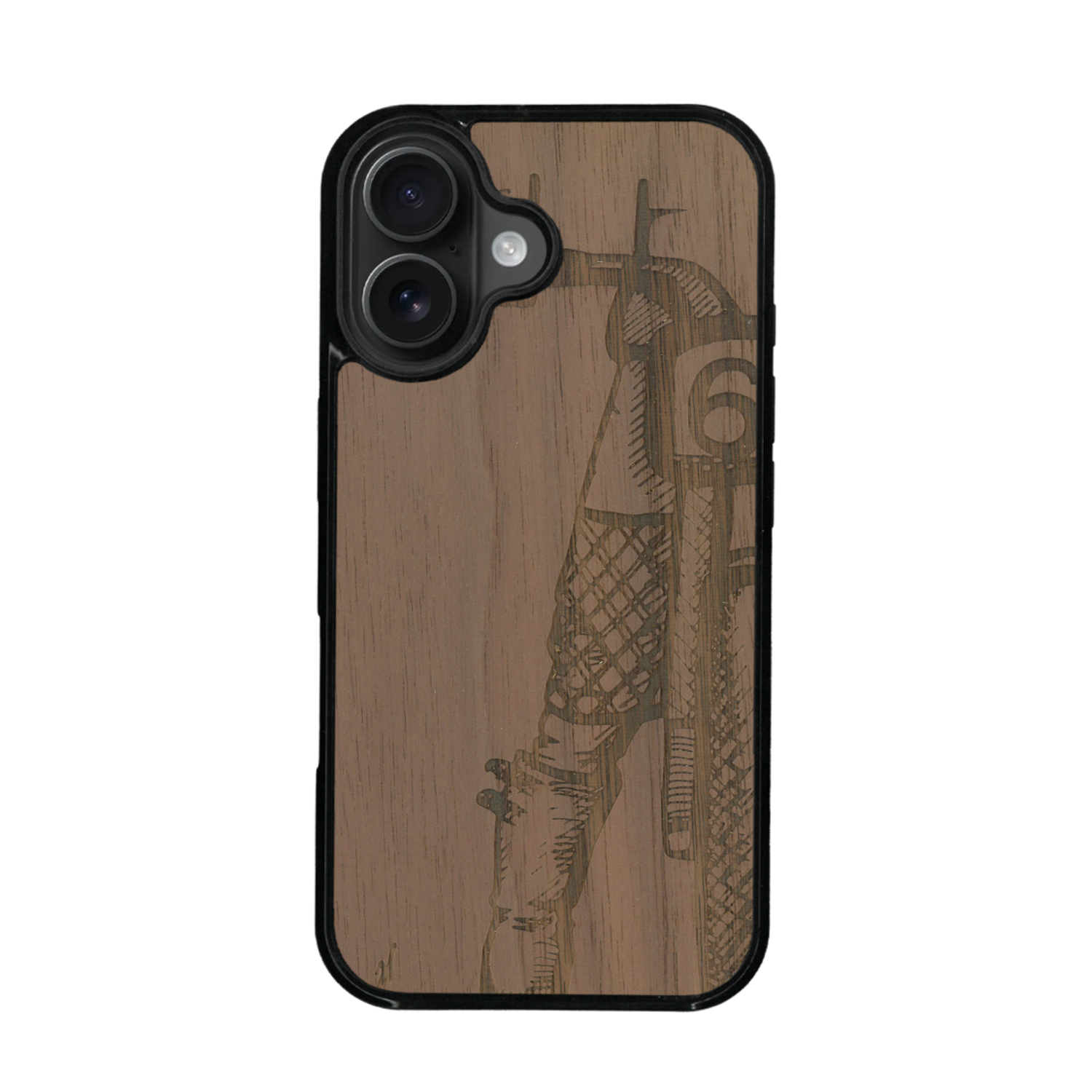 Coque de protection en bois véritable fabriquée en France pour iPhone 17 représentant une vue de face d'une femme sur une moto vintage dessinée à la main par l'artiste Maud Dabs