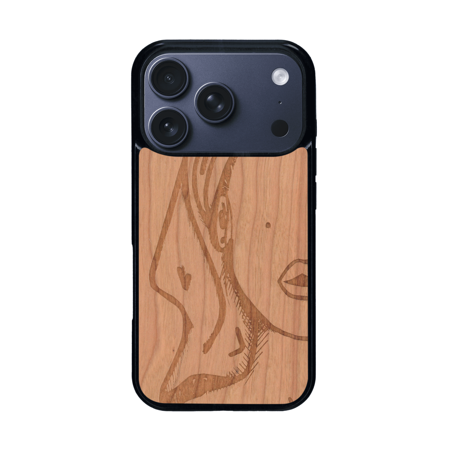 Coque de protection en bois véritable fabriquée en France pour iPhone 17 Pro représentant une silhouette féminine épurée de type line art en collaboration avec l'artiste Maud Dabs