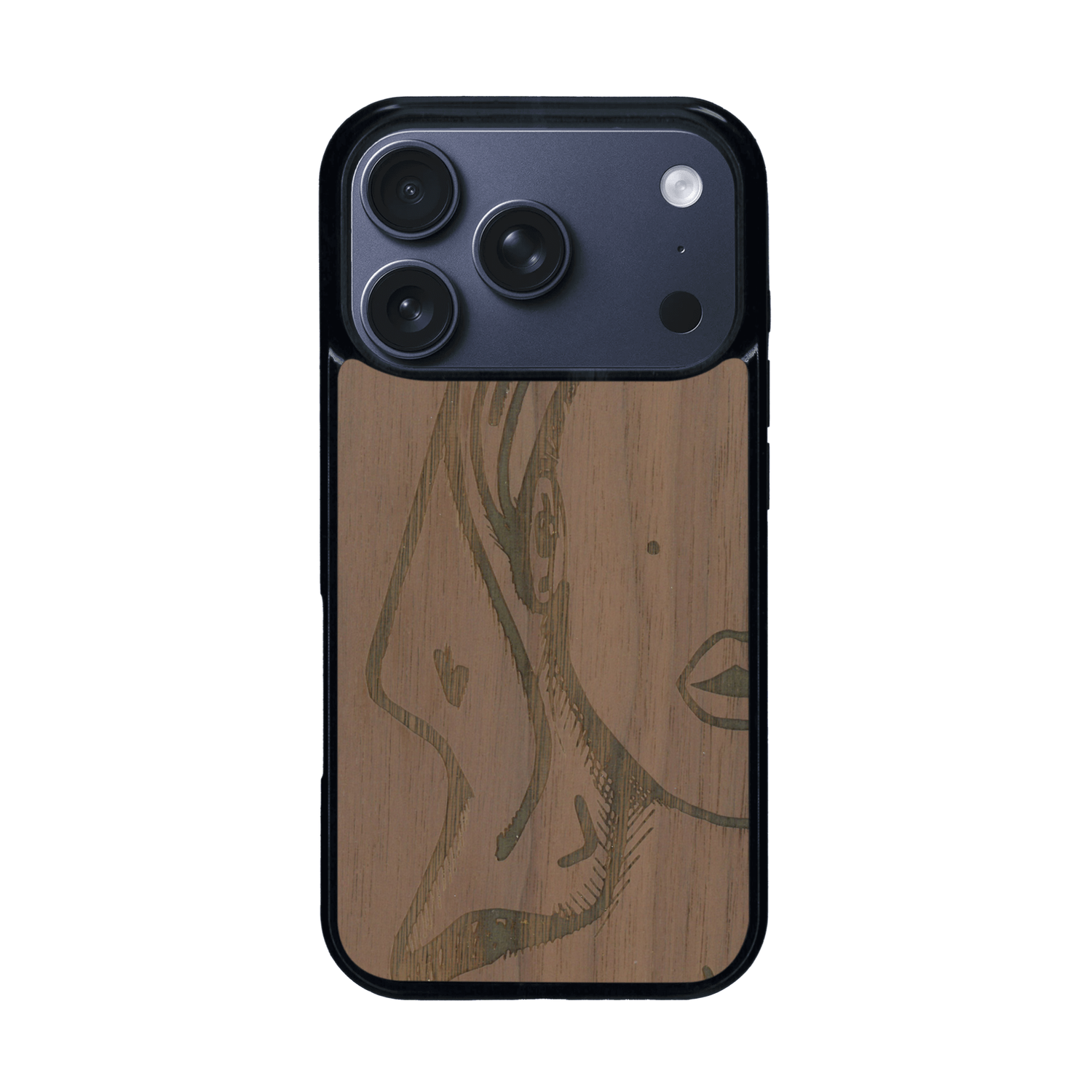 Coque de protection en bois véritable fabriquée en France pour iPhone 17 Pro représentant une silhouette féminine épurée de type line art en collaboration avec l'artiste Maud Dabs
