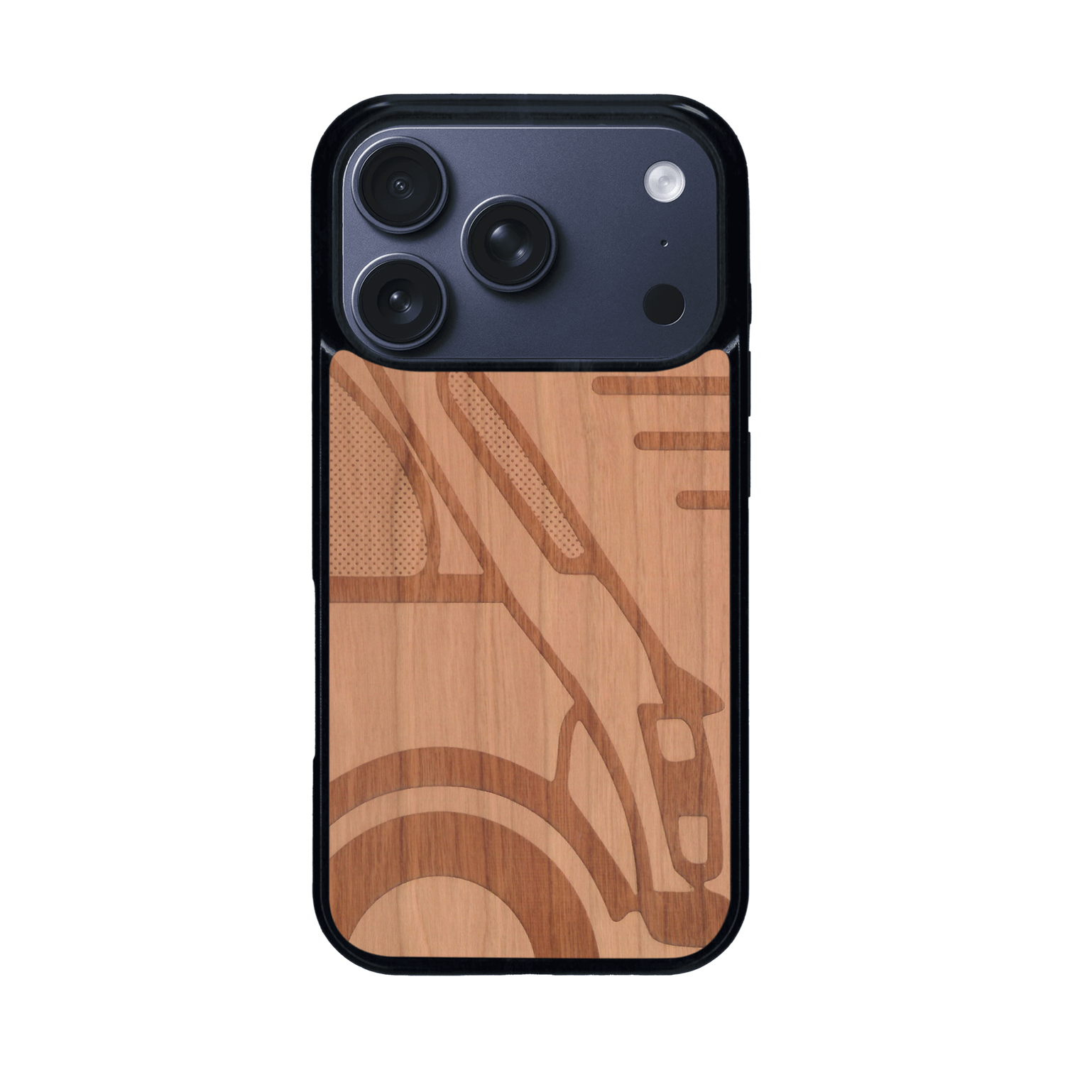 Coque de protection en bois véritable fabriquée en France pour iPhone 17 Pro sur le thème de l'automobile avec une authentique Mini Cooper