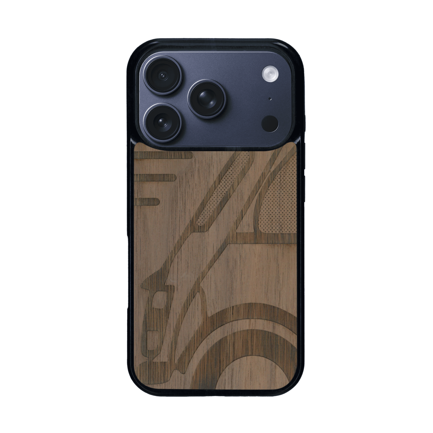 Coque de protection en bois véritable fabriquée en France pour iPhone 17 Pro sur le thème de l'automobile avec une authentique Mini Cooper