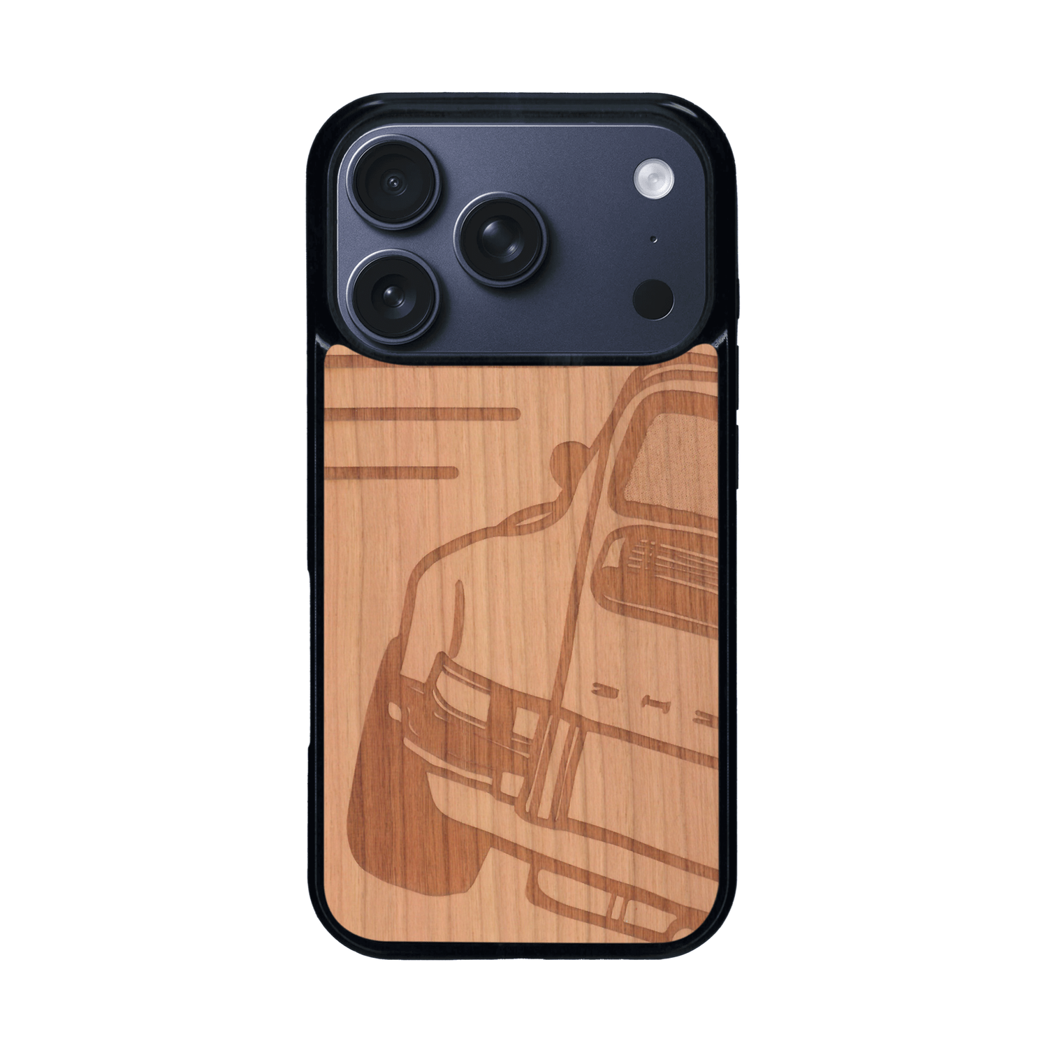 Coque de protection en bois véritable fabriquée en France pour iPhone 17 Pro sur le thème de l'automobile avec une authentique Porsche