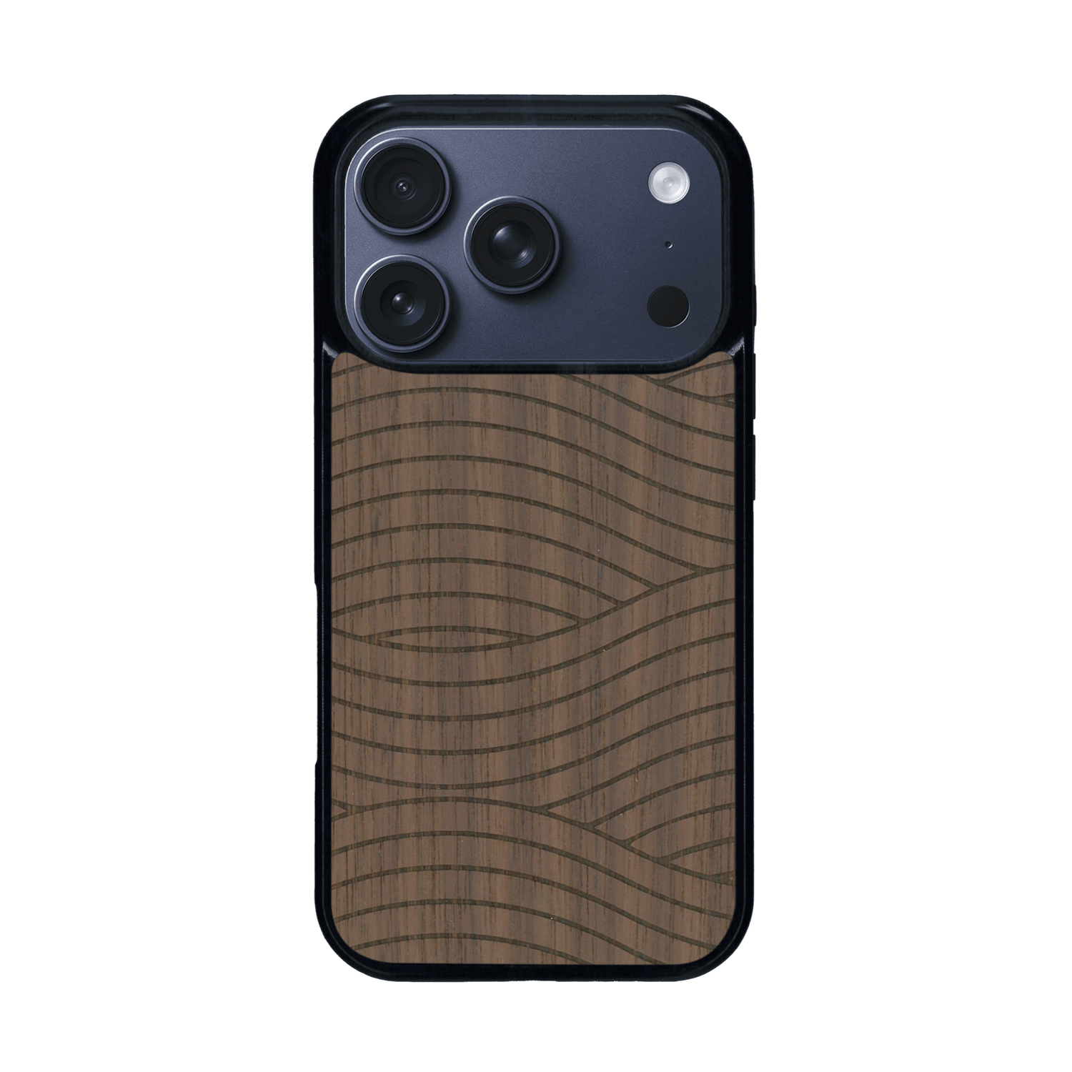 Coque de protection en bois véritable fabriquée en France pour iPhone 17 Pro avec un motif moderne et minimaliste sur le thème waves et wavy représentant les vagues de l'océan
