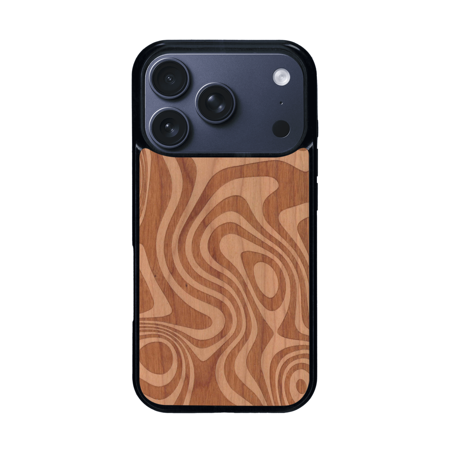 Coque de protection en bois véritable fabriquée en France pour iPhone 17 Pro avec un motif abstrait représentant les mouvements de l'eau