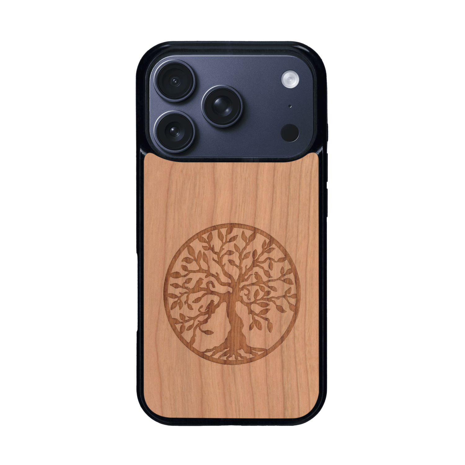 Coque de protection en bois véritable fabriquée en France pour iPhone 17 Pro sur le thème de la spiritualité et du yoga avec une gravure zen représentant un arbre de vie