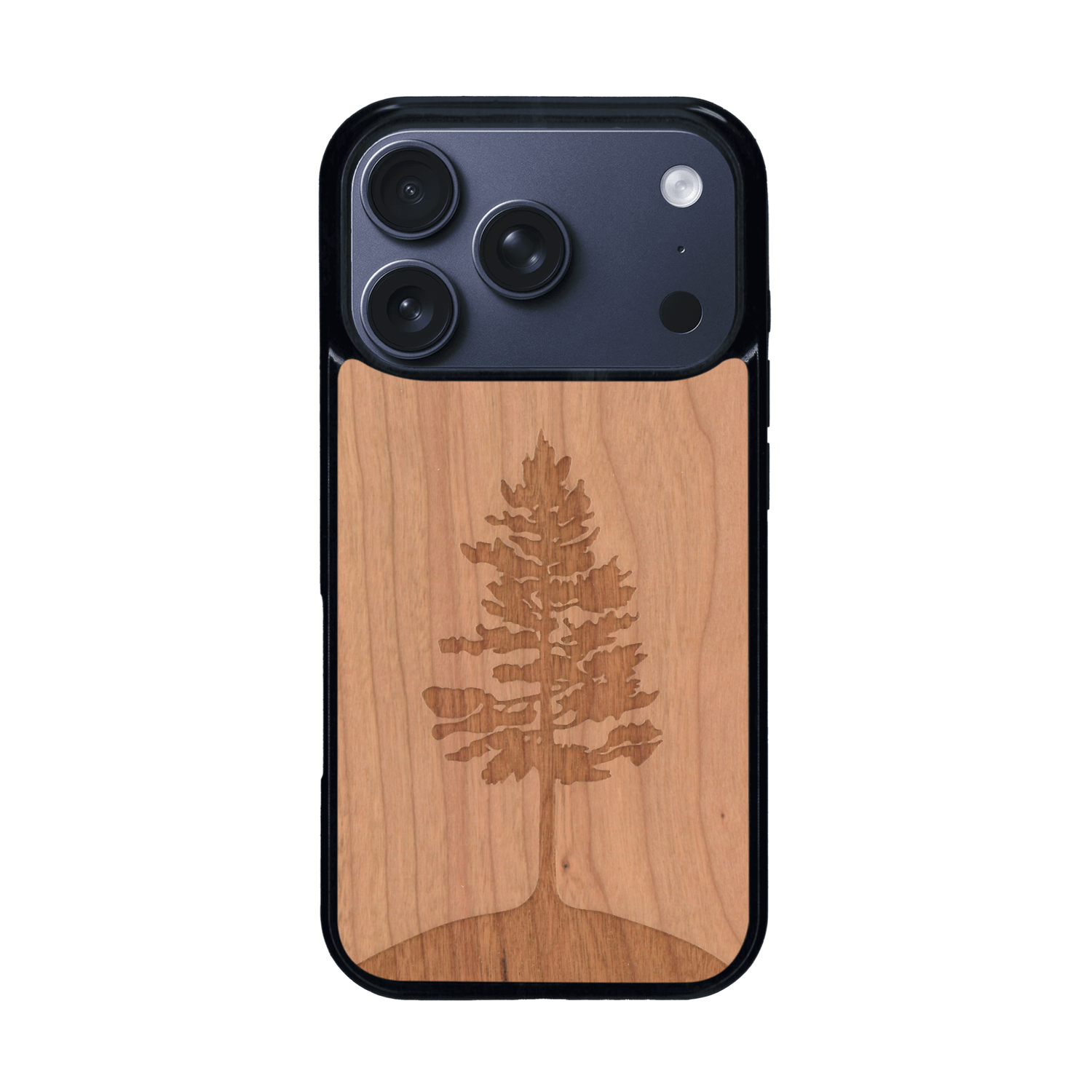 Coque de protection en bois véritable fabriquée en France pour iPhone 17 Pro sur le thème de la nature, de la fôret et de l'écoresponsabilité avec une gravure représentant un arbre