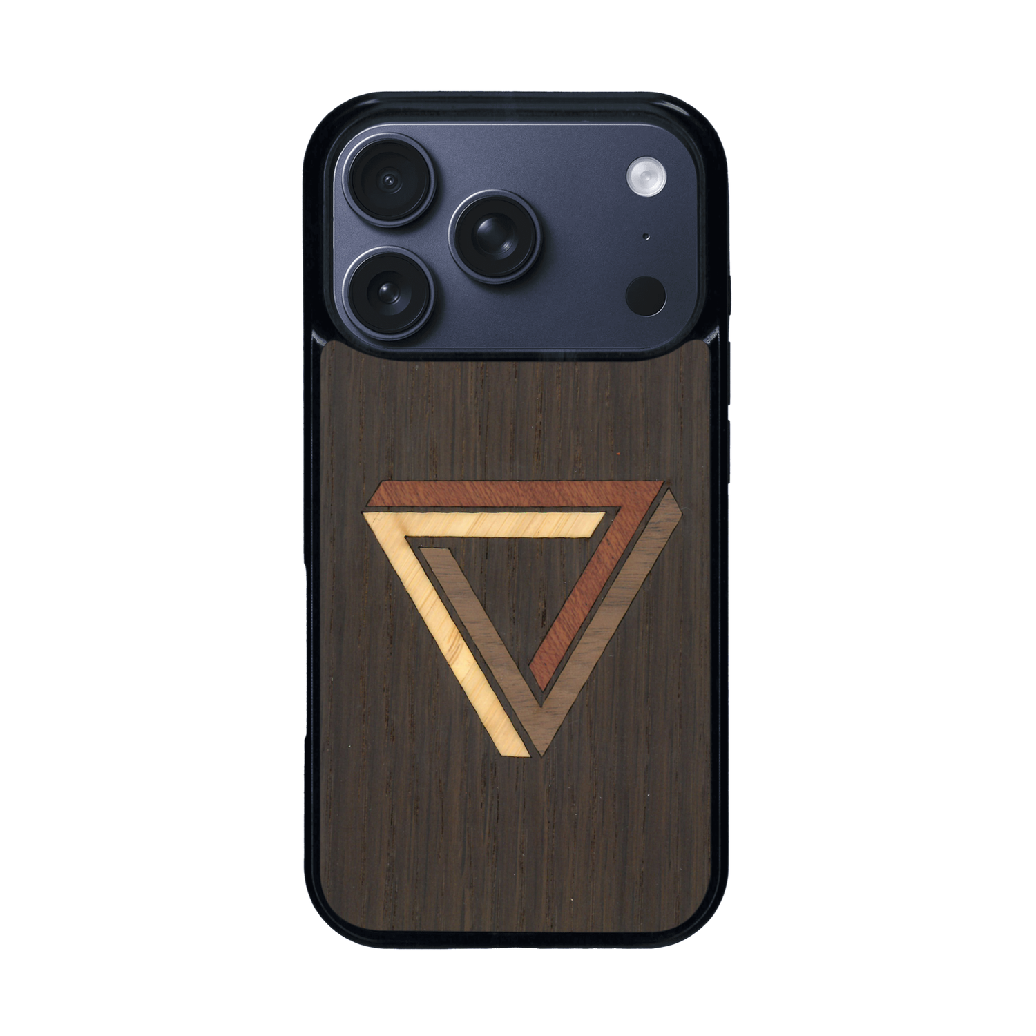 Coque de protection en bois véritable fabriquée en France pour iPhone 17 Pro sur le thème de l'art géométrique qui allie du chêne fumé, du noyer, du bambou et du padouk représentant le triangle de penrose