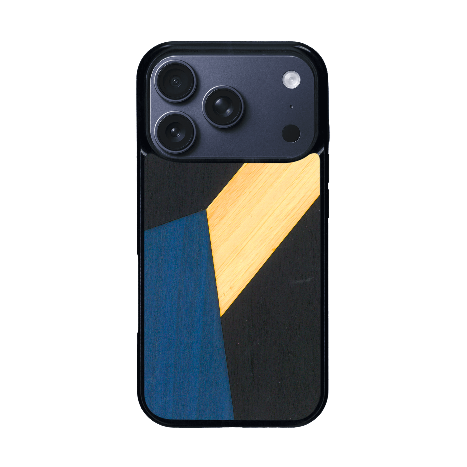 Coque de protection en bois véritable fabriquée en France pour iPhone 17 Pro alliant du bambou, du tulipier bleu et noir en forme de mosaïque minimaliste sur le thème de l'art abstrait