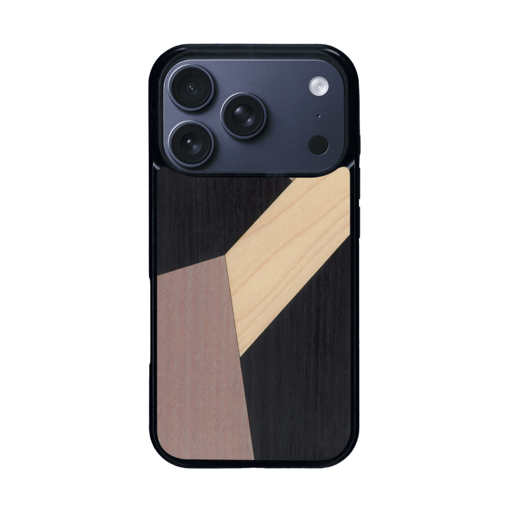 Coque de protection en bois véritable fabriquée en France pour iPhone 17 Pro alliant du bambou, du tulipier mauve et noir en forme de mosaïque minimaliste sur le thème de l'art abstrait