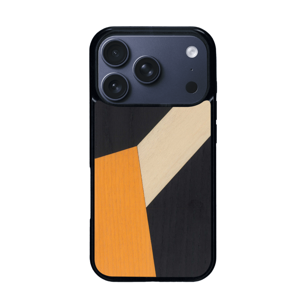 Coque de protection en bois véritable fabriquée en France pour iPhone 17 Pro alliant du bambou, du tulipier orange et noir en forme de mosaïque minimaliste sur le thème de l'art abstrait