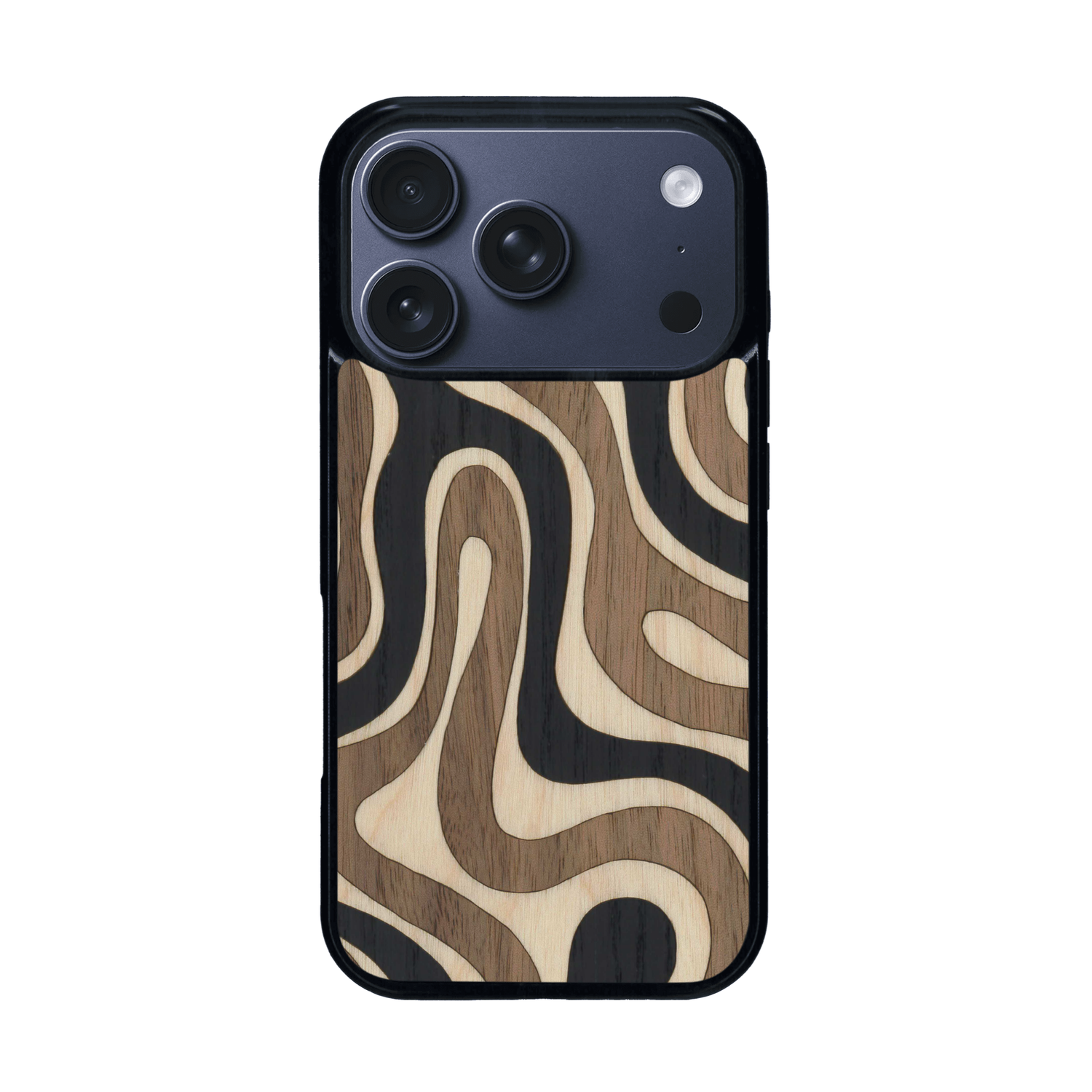 Coque de protection en bois véritable fabriquée en France pour iPhone 17 Pro alliant plusieurs essences de bois pour représenter une ondulation