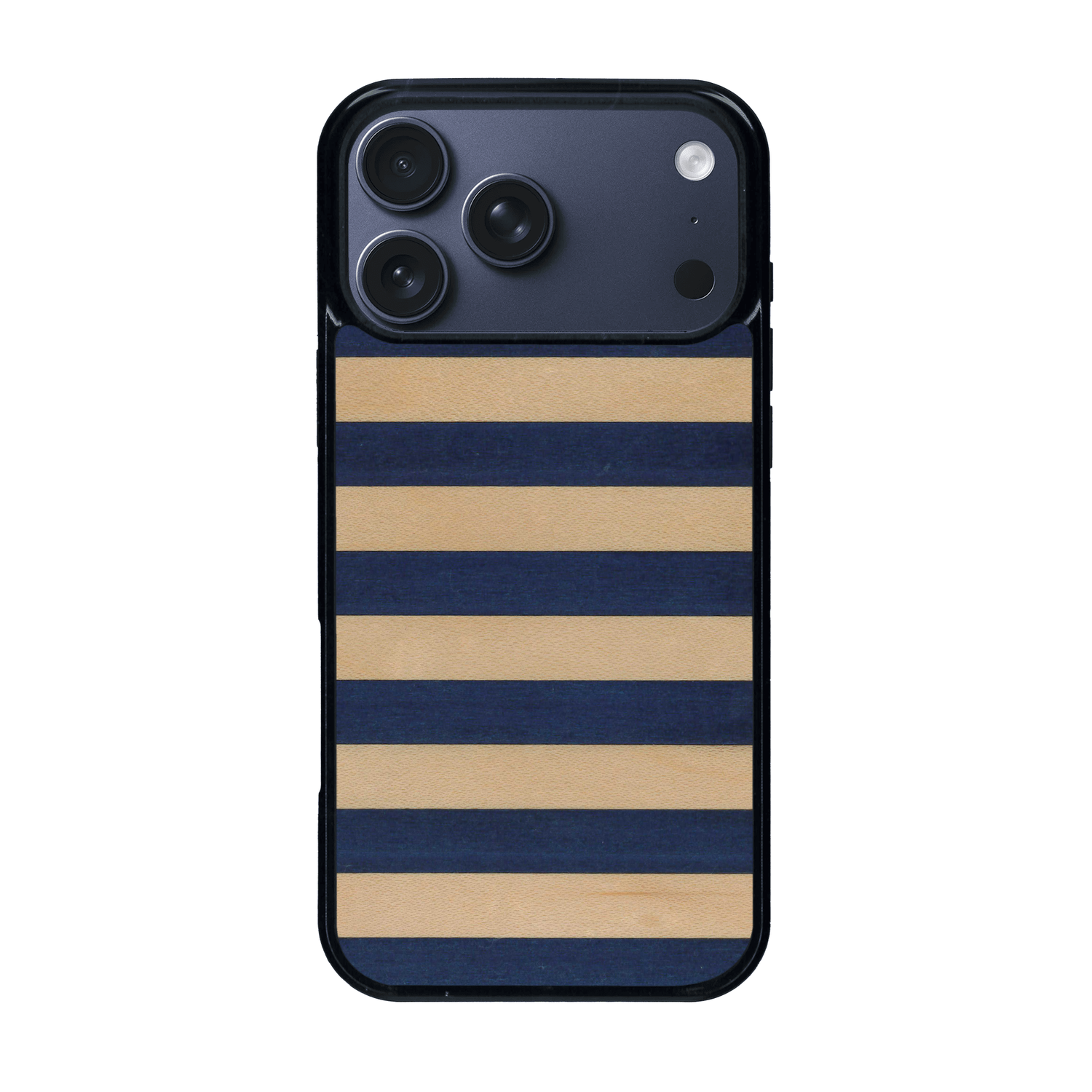 Coque de protection en bois véritable fabriquée en France pour iPhone 17 Pro Max alliant plusieurs essences de bois pour représenter une marinière