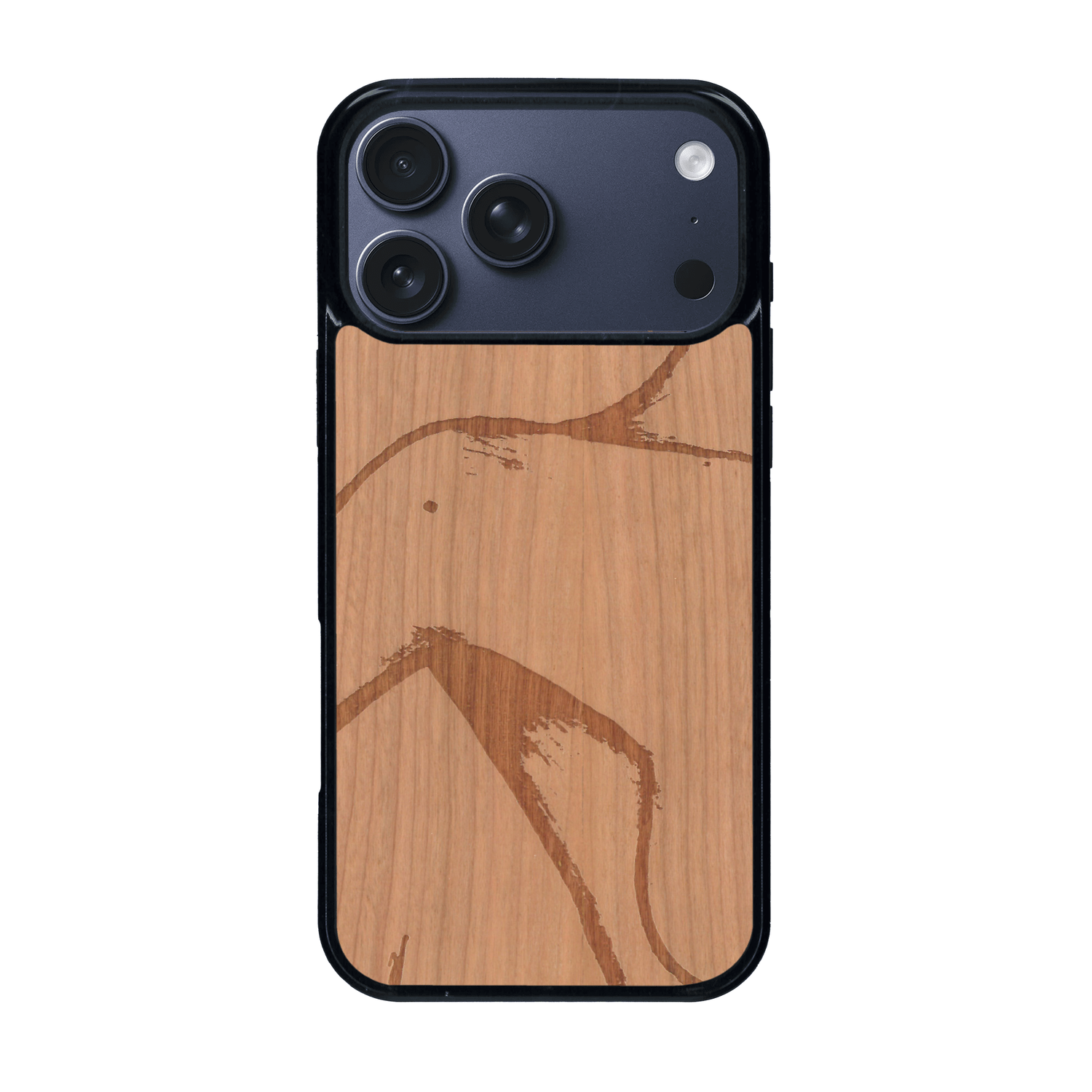 Coque de protection en bois véritable fabriquée en France pour iPhone 17 Pro Max représentant une silhouette féminine dessinée à la main par l'artiste Maud Dabs