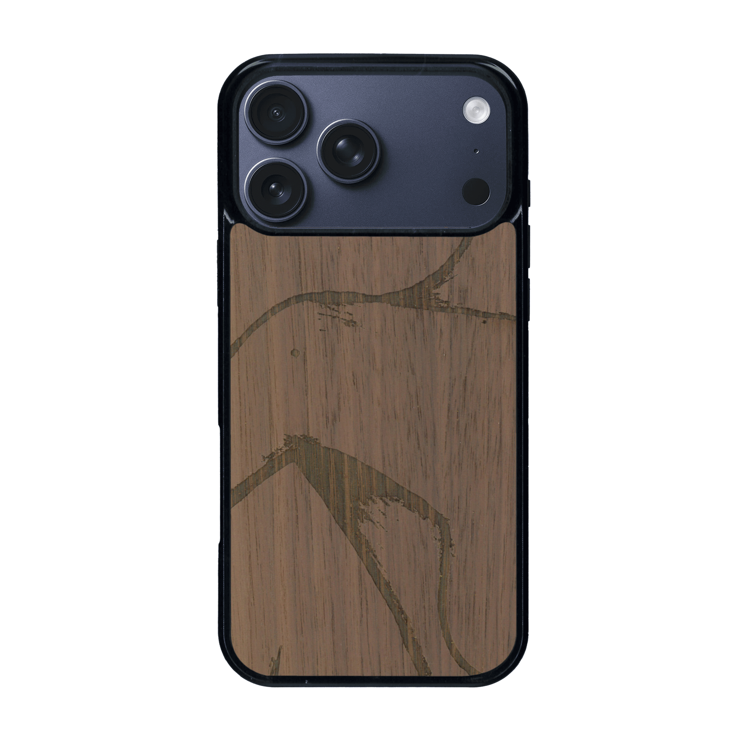 Coque de protection en bois véritable fabriquée en France pour iPhone 17 Pro Max représentant une silhouette féminine dessinée à la main par l'artiste Maud Dabs