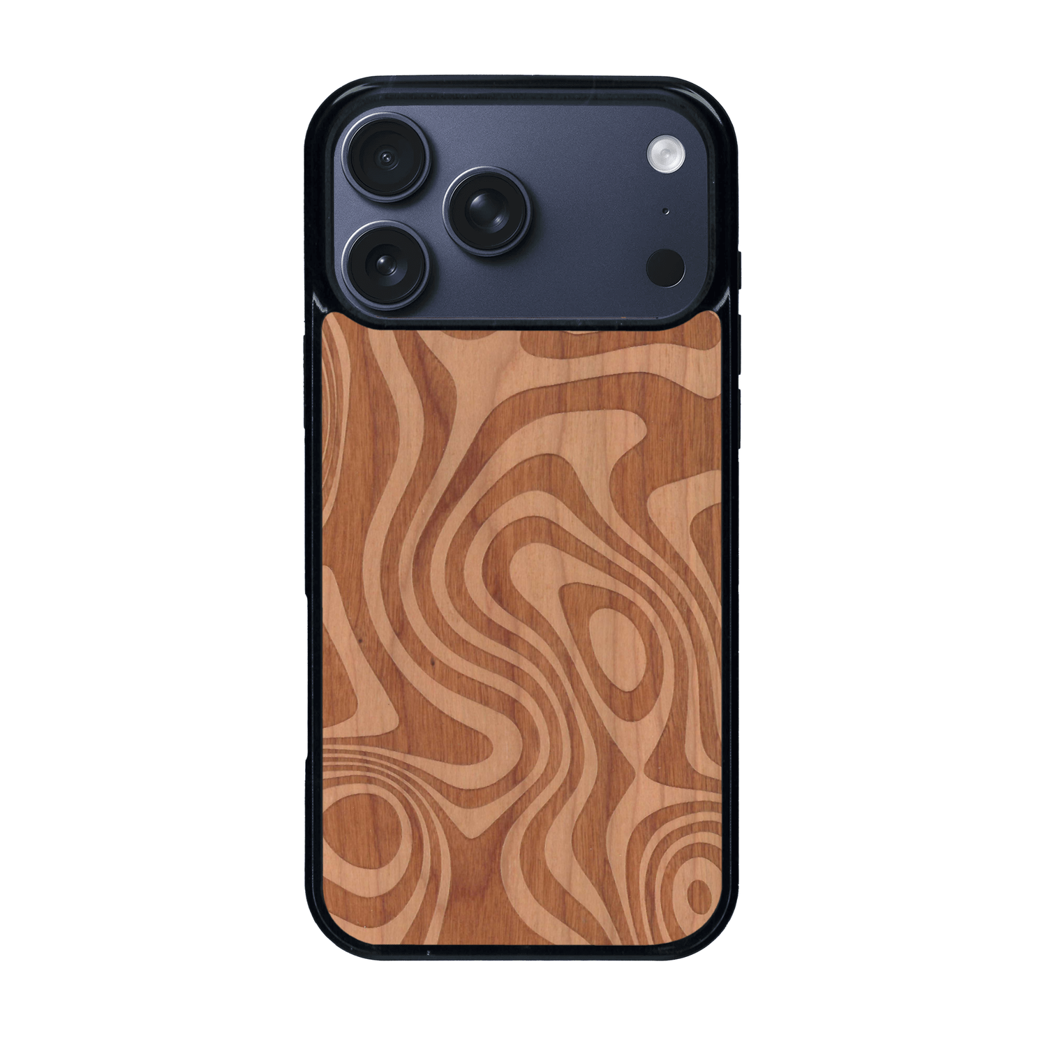 Coque de protection en bois véritable fabriquée en France pour iPhone 17 Pro Max avec un motif abstrait représentant les mouvements de l'eau