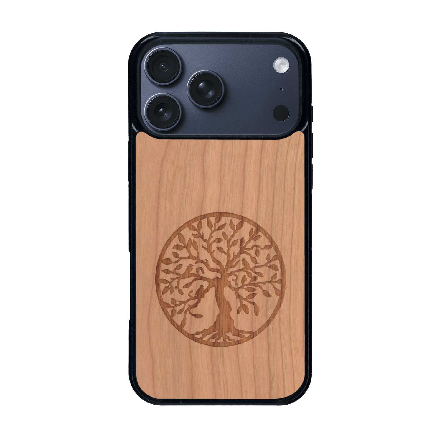 Coque de protection en bois véritable fabriquée en France pour iPhone 17 Pro Max sur le thème de la spiritualité et du yoga avec une gravure zen représentant un arbre de vie