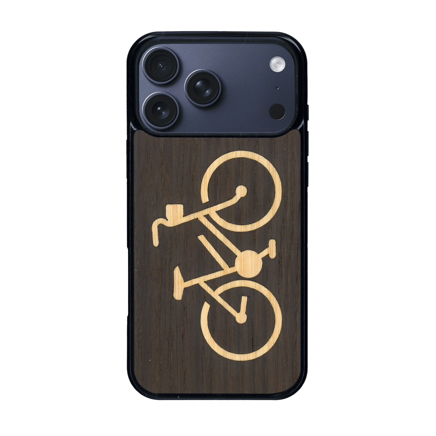 Coque de protection en bois véritable fabriquée en France pour iPhone 17 Pro Max sur le theme du vélo et de l'outdoor qui allie du bambou et du chêne fumé représentant un vélo